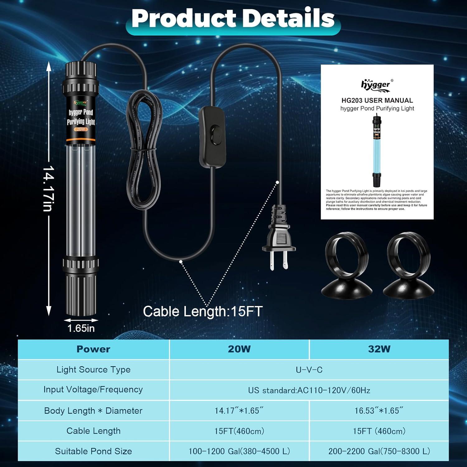 Luz U-V Hygger 20W para Acuarios y Estanques 378-4546L