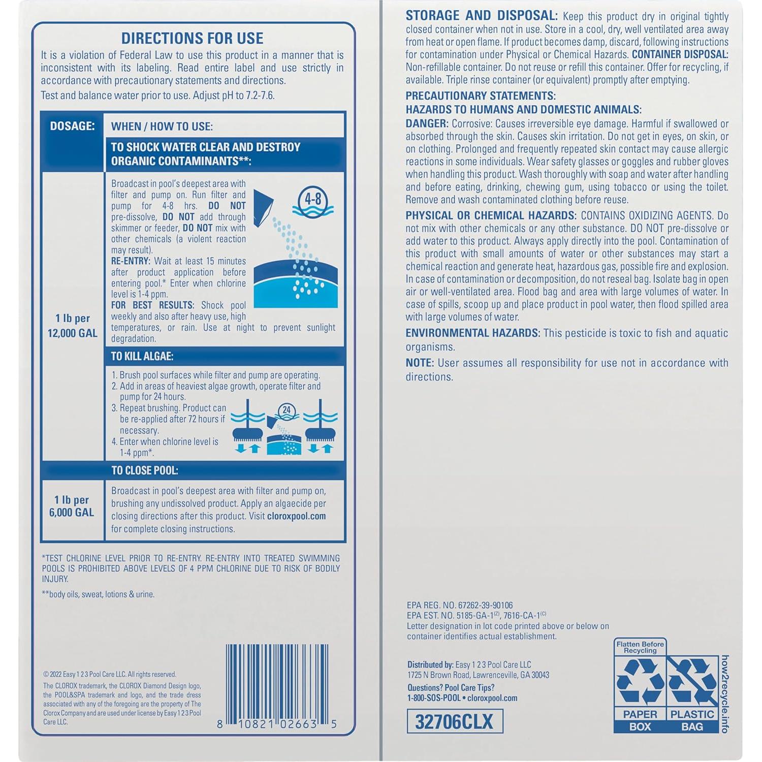 Clorox Pool&Spa Shock Clear 6 Paquete 2.71 kg para Piscinas