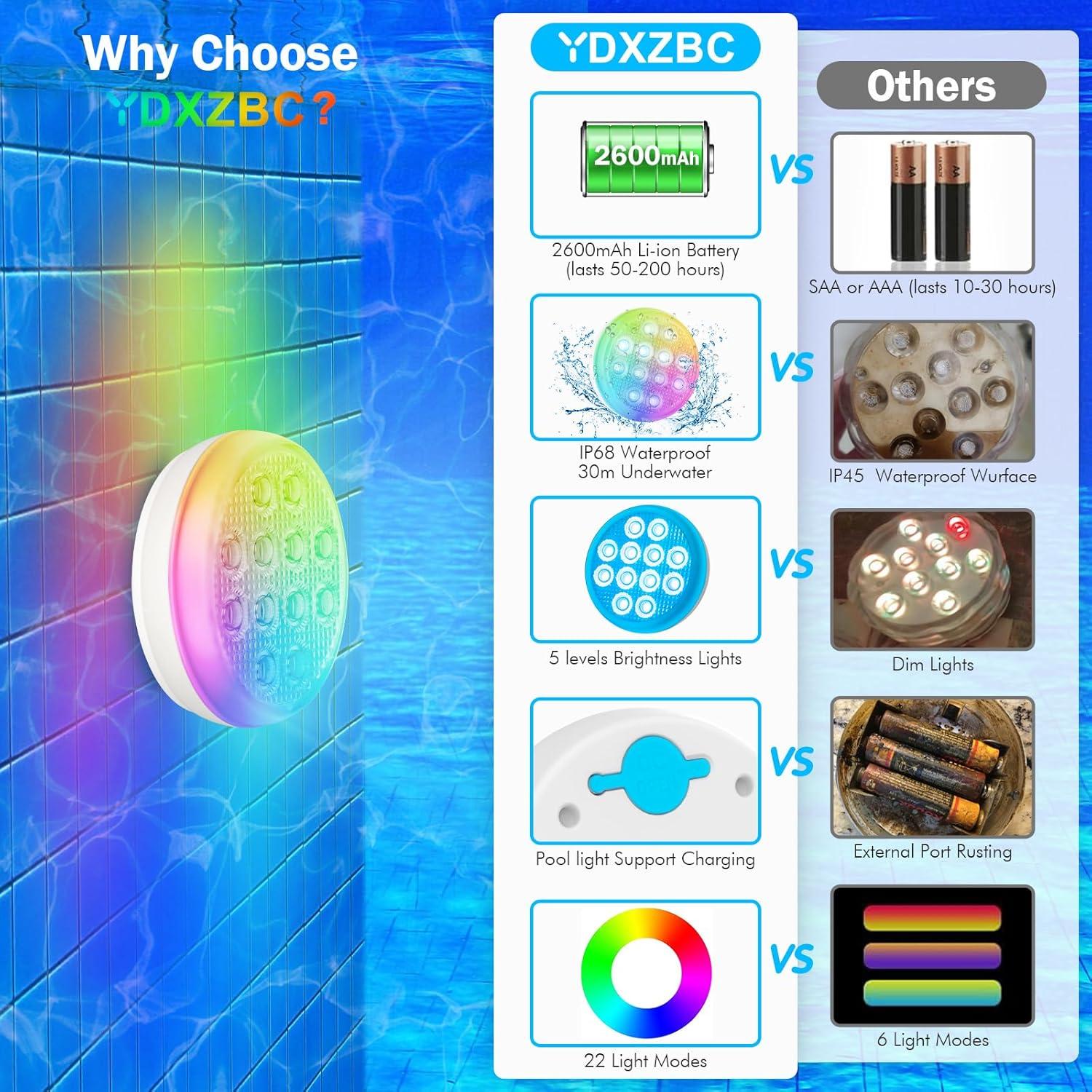 Luces LED de piscina YDXZBC 2025, recargables IP68, 22 colores