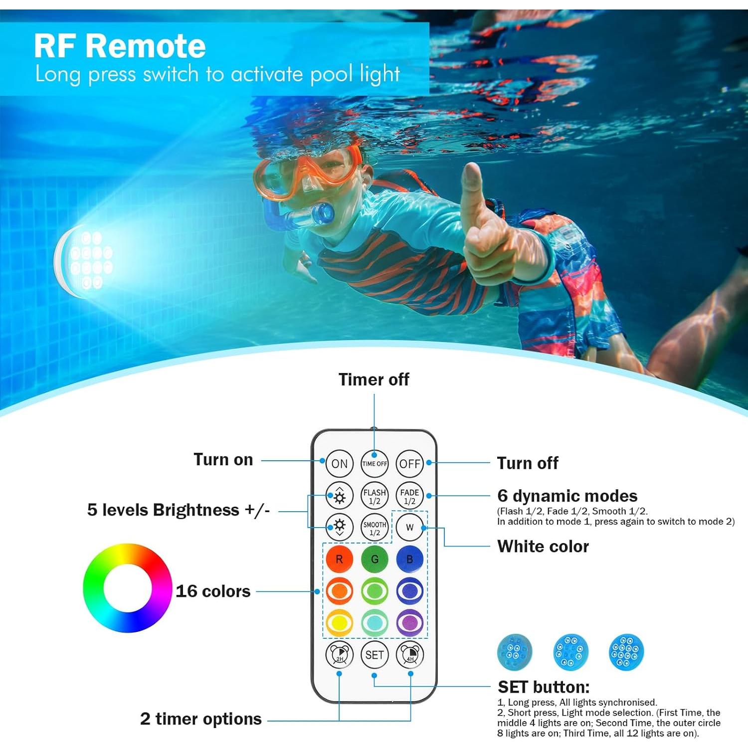 Luces LED de piscina YDXZBC 2025, recargables IP68, 22 colores