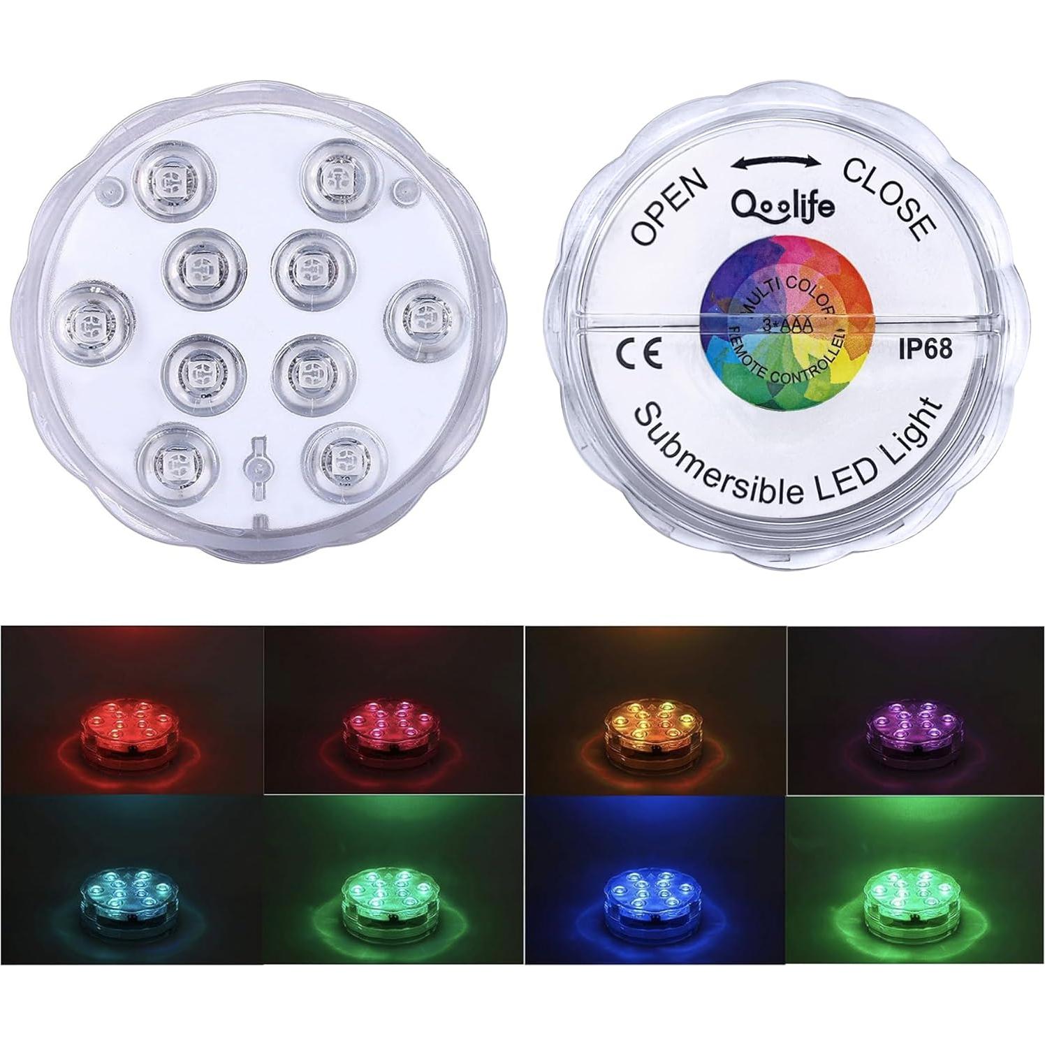 Luces LED sumergibles Qoolife RGB con control remoto - Paquete de 4