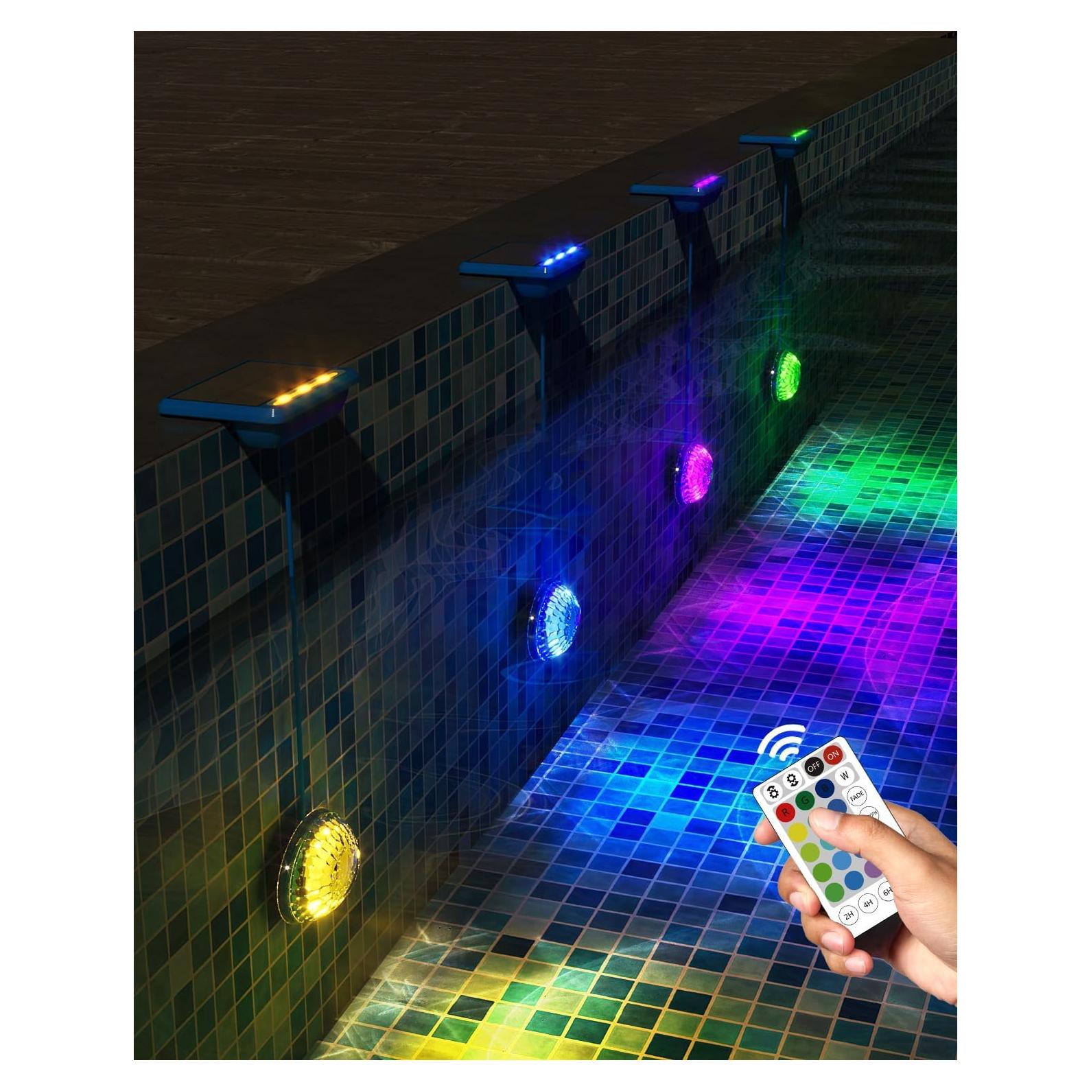 Luces LED Solares para Piscina MOFOYEAH 4 Paquetes IP68 16 Colores