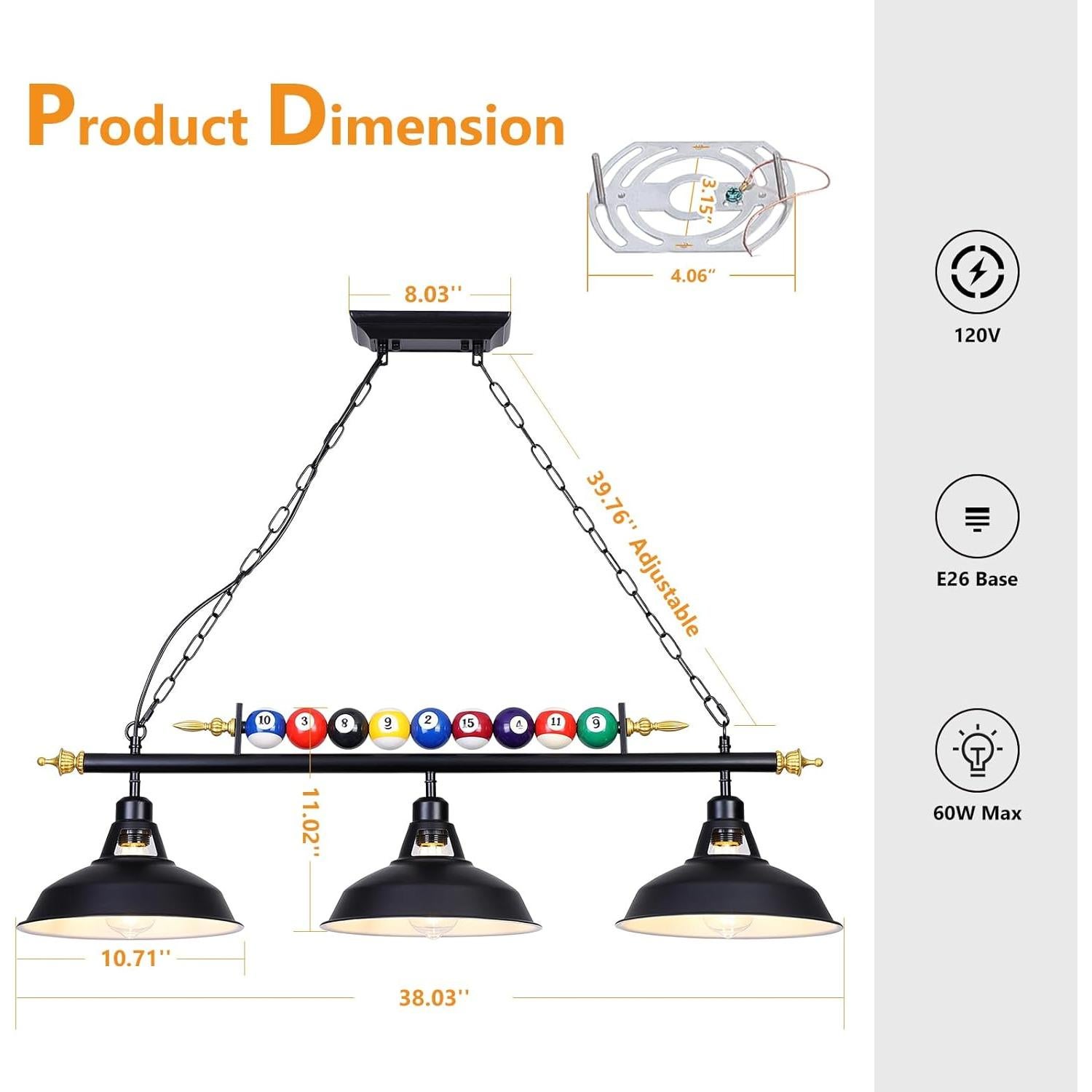 Luz de mesa de billar 3 luces Mcacggo negra mate ajustable