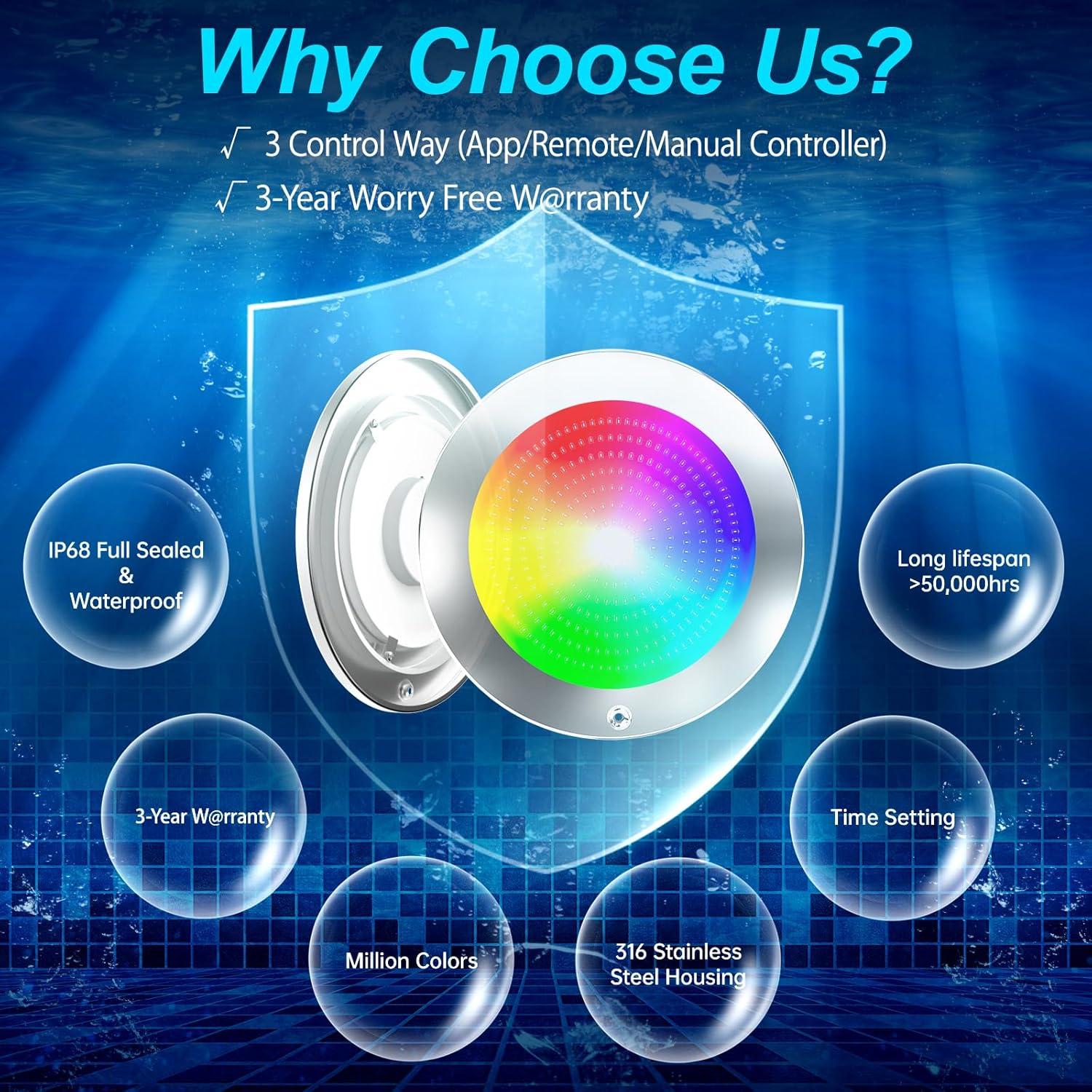 Luces LED Subacuáticas PoCare 10" 54W para Piscina Inground