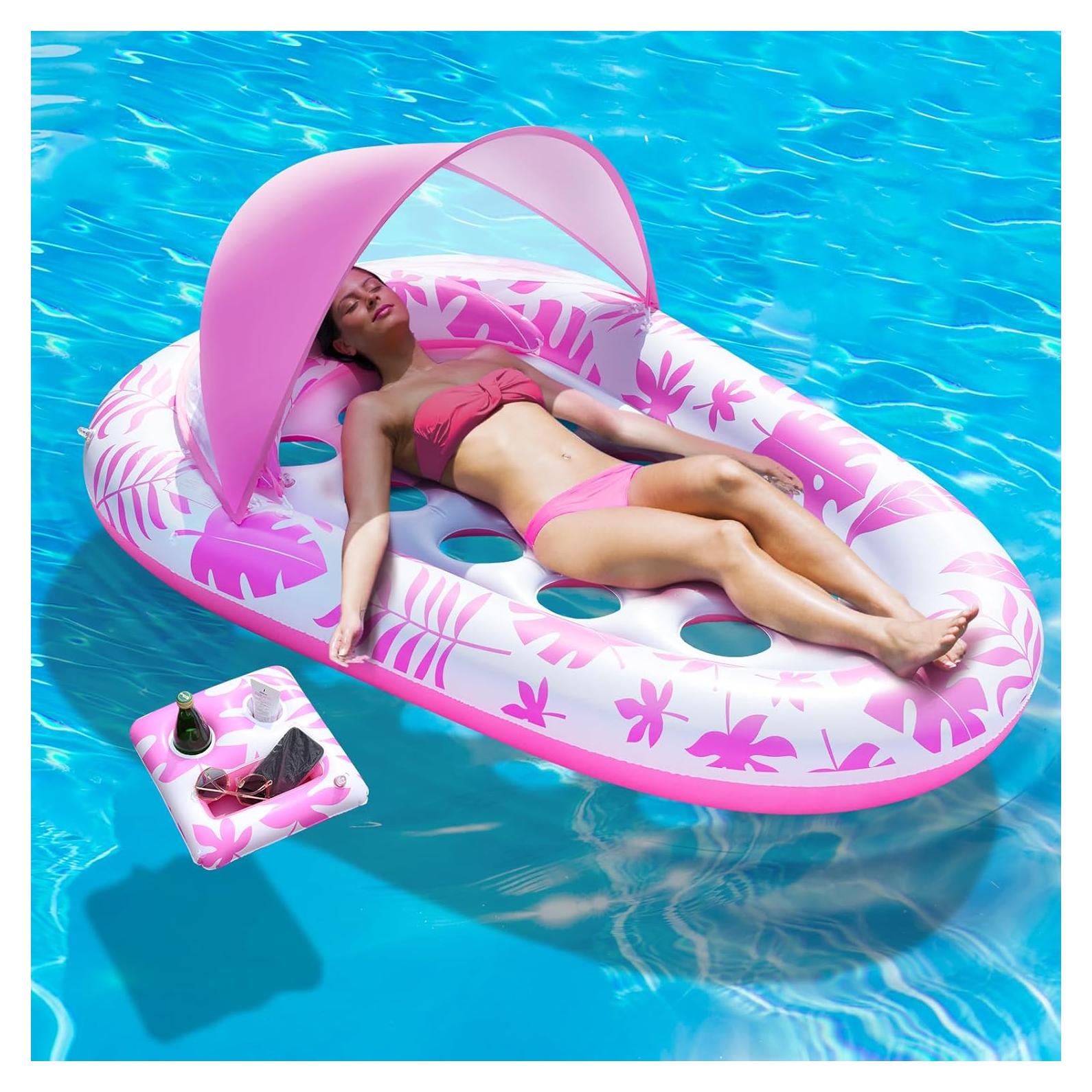 Flotador Inflable BEWEAI Rosa XL con Dosel y Portavasos 196x127cm