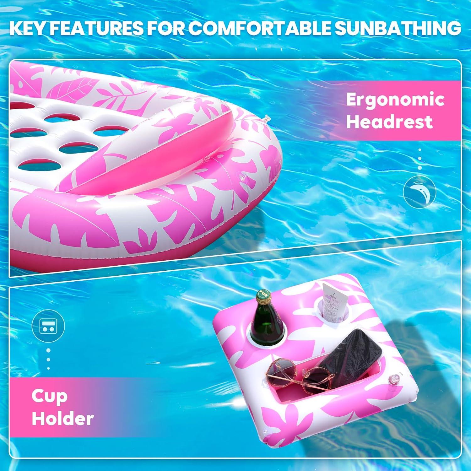 Flotador Inflable BEWEAI Rosa XL con Dosel y Portavasos 196x127cm