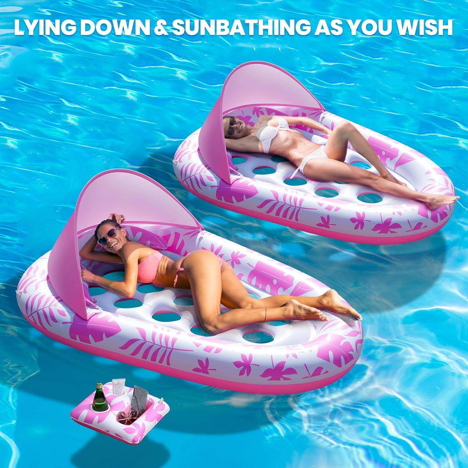 Flotador Inflable BEWEAI Rosa XL con Dosel y Portavasos 196x127cm