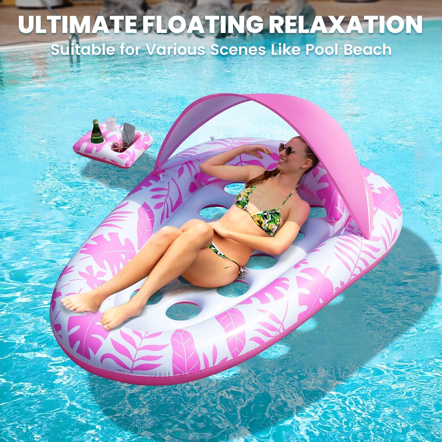 Flotador Inflable BEWEAI Rosa XL con Dosel y Portavasos 196x127cm