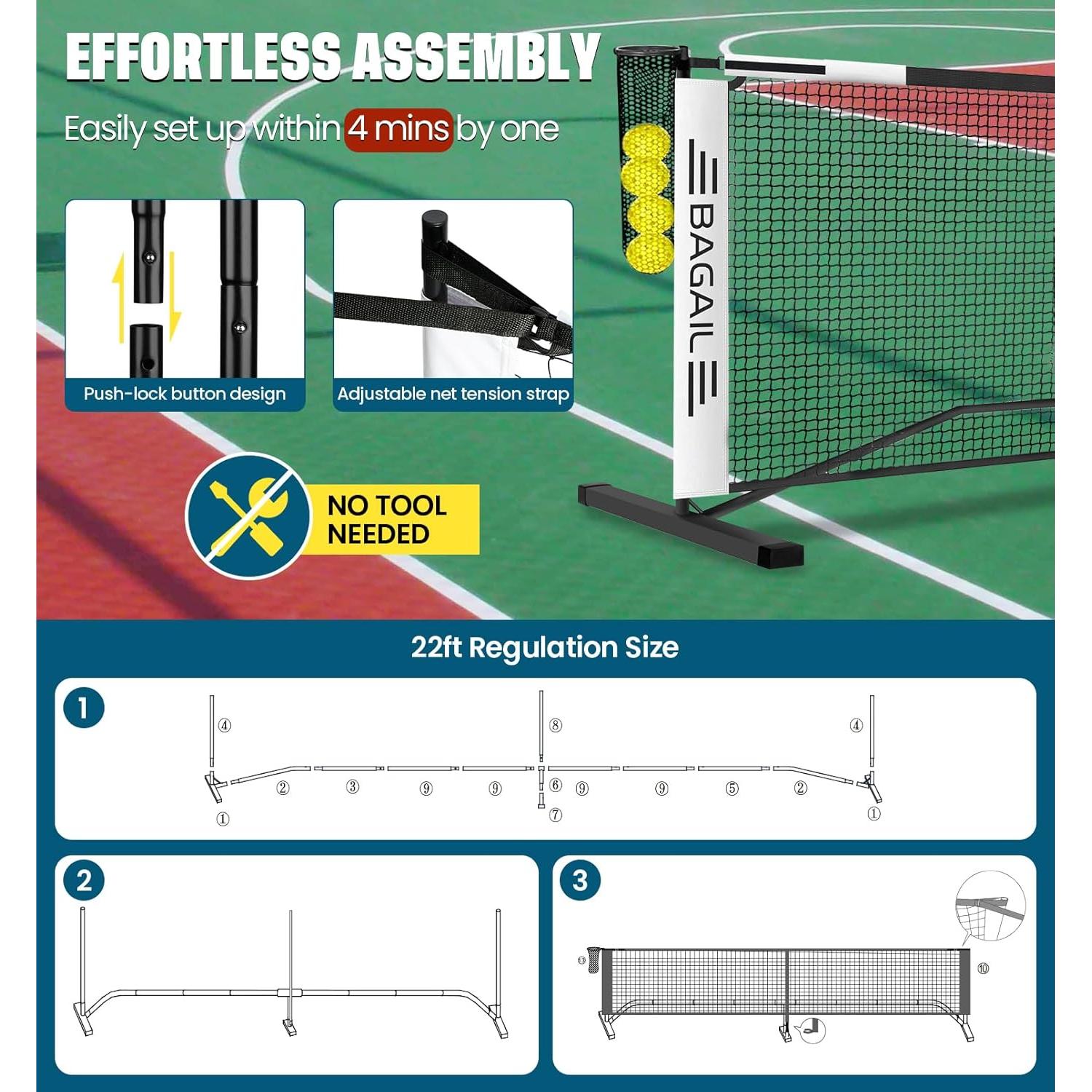 Red de Pickleball Portátil BAGAIL 6.7m con Recogedor y Bolsa