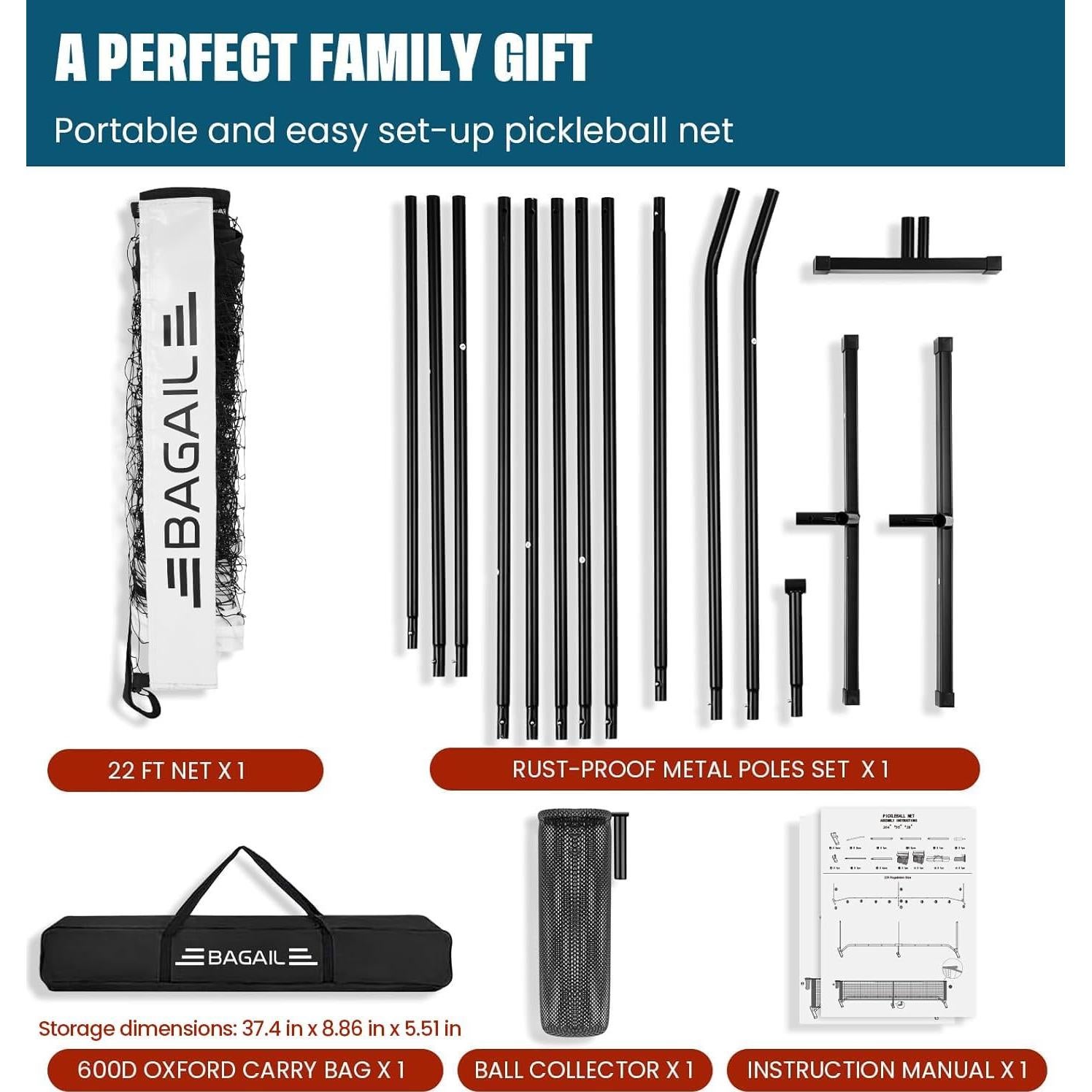 Red de Pickleball Portátil BAGAIL 6.7m con Recogedor y Bolsa
