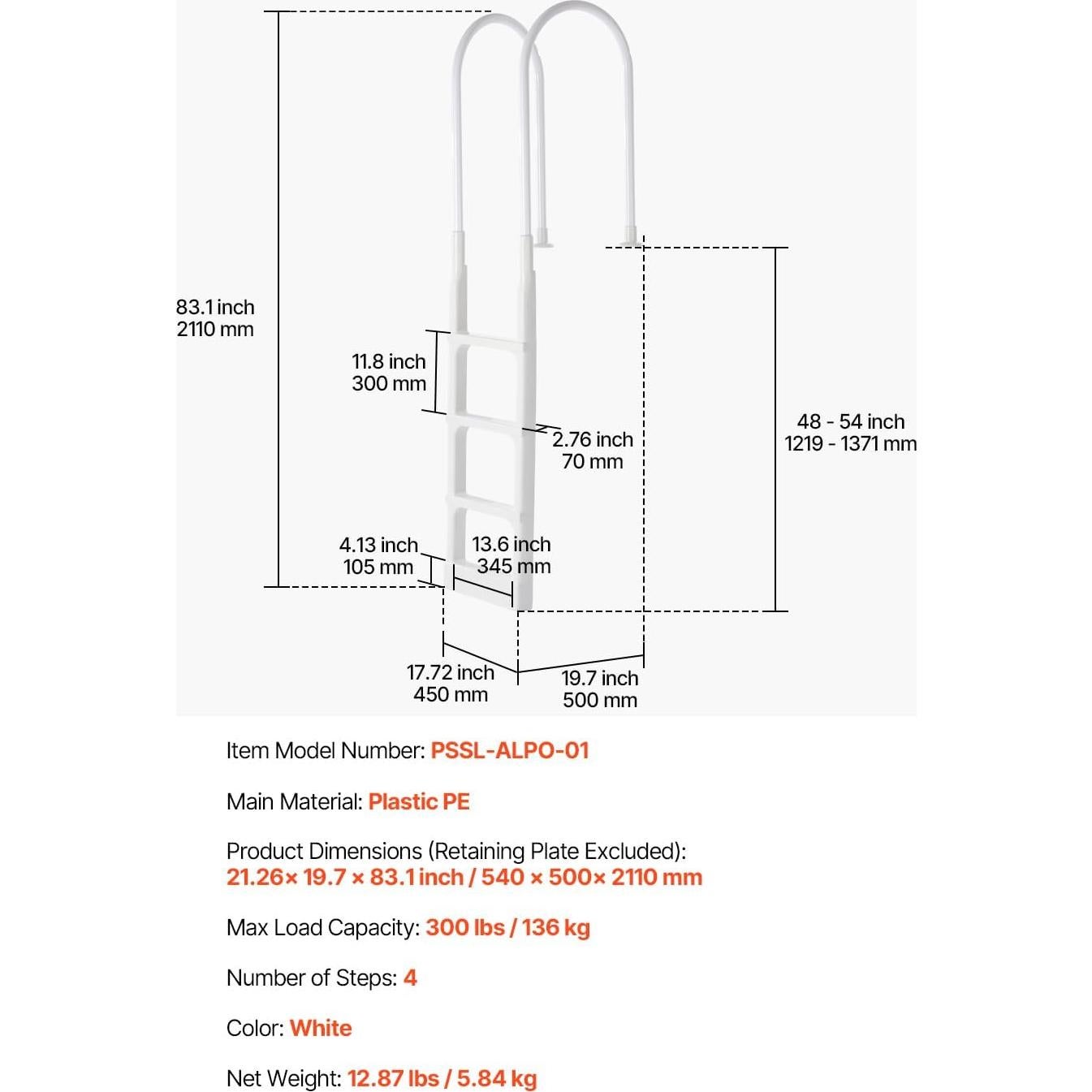 Escalera de Piscina VEVOR 4 Peldaños Doble Pasamanos 136 kg