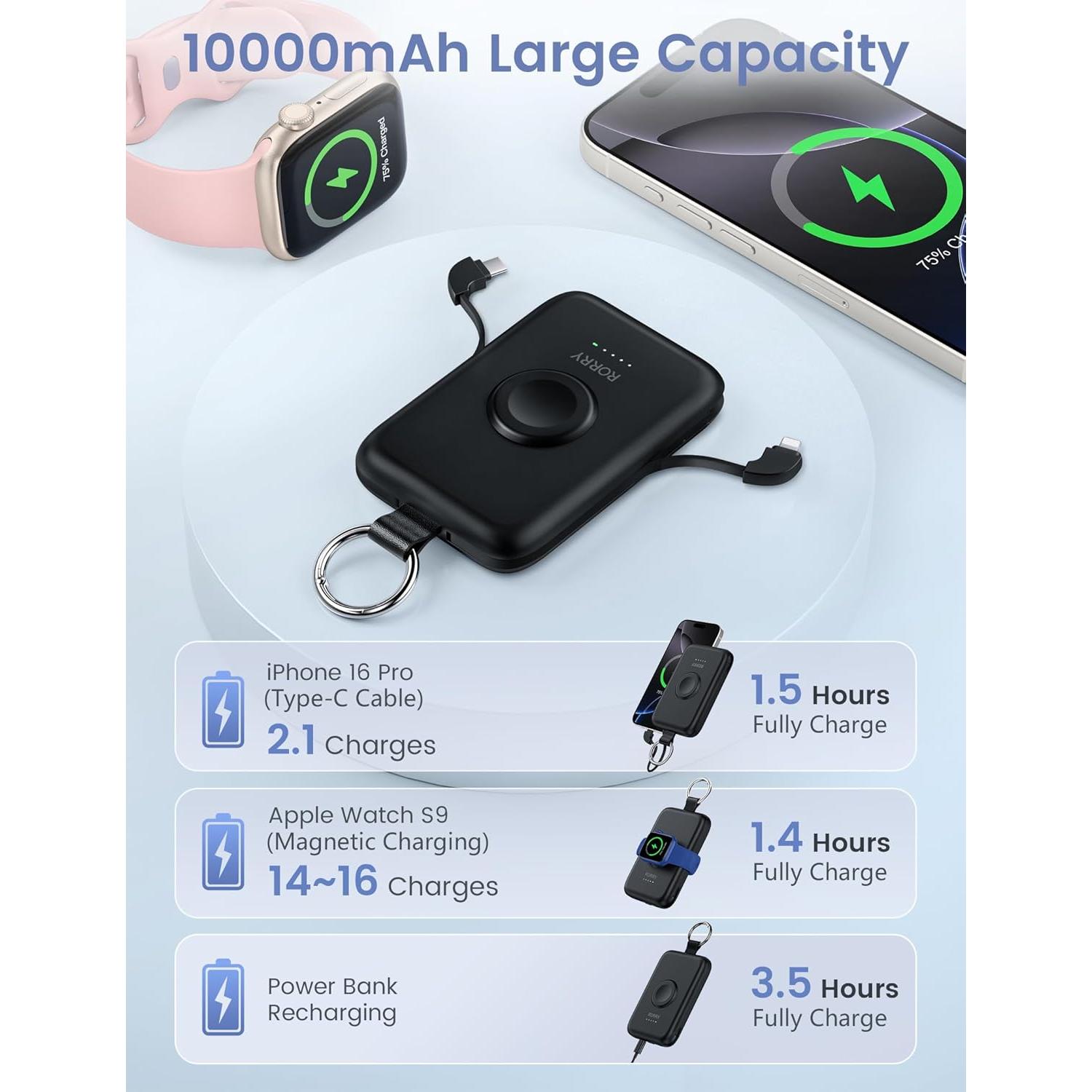 Cargador Portátil RORRY 10000mAh PD 20W Carga Rápida Negro