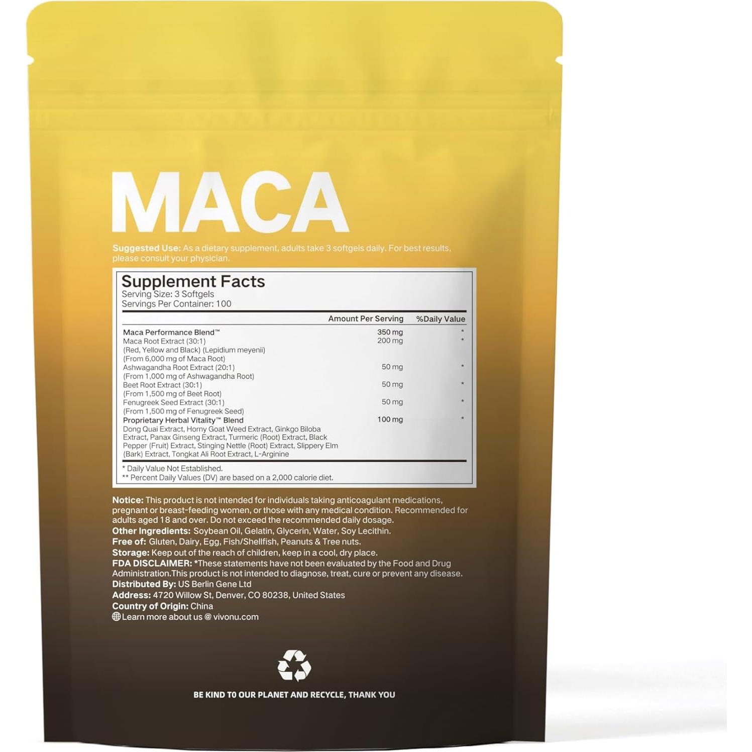 Cápsulas de Raíz de Maca VivoNu 300 Gelatinas 10100mg 100 Días