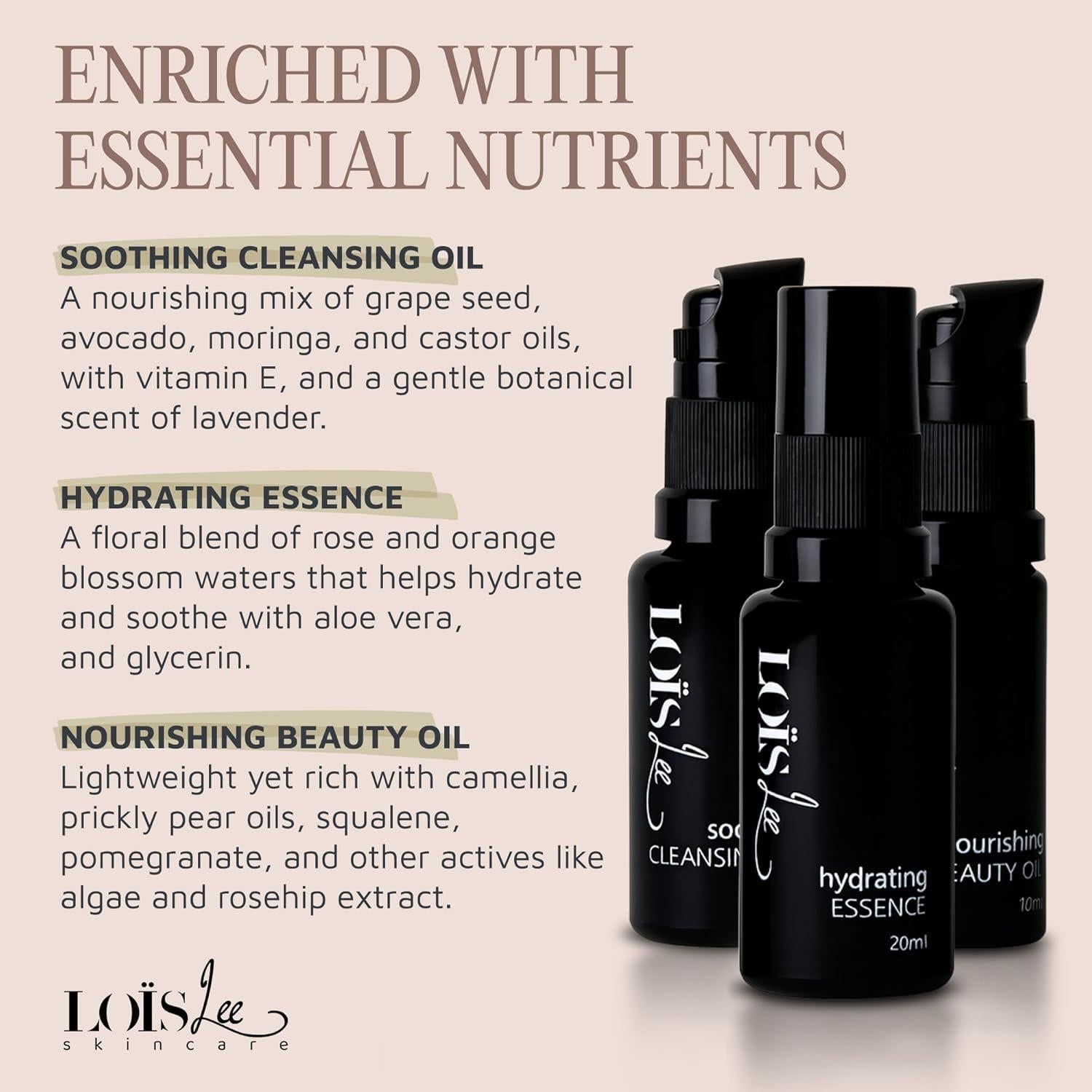 Set de Cuidado de la Piel Lois Lee - Aceite Limpiador, Esencia y Aceite de Belleza - Kit Facial Natural