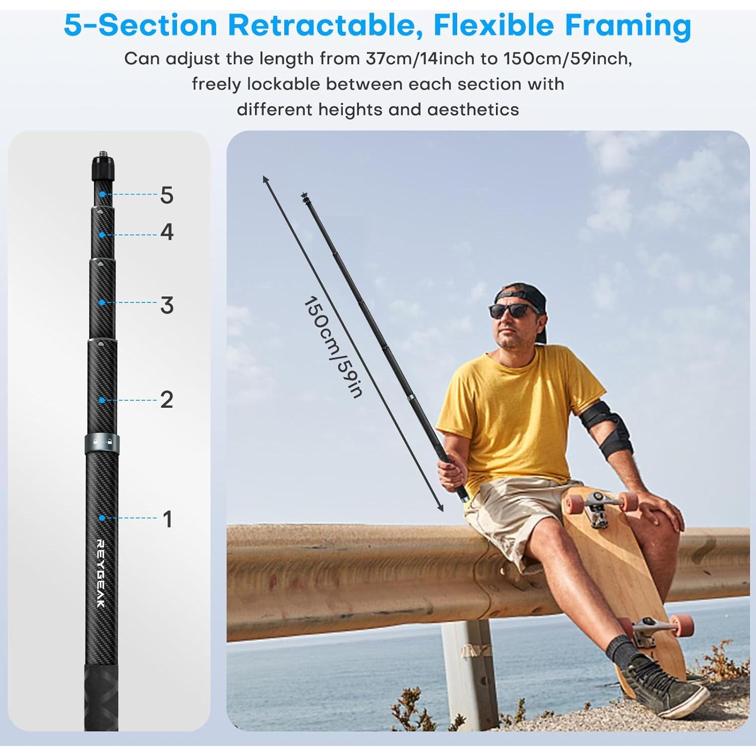 Palo de Selfie Extensible REYGEAK 150 cm Fibra de Carbono