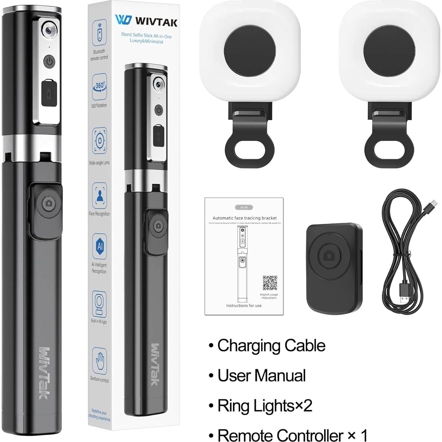 Trípode Wivtak 2Ring Light 3 en 1 con Seguimiento Facial AI 360°