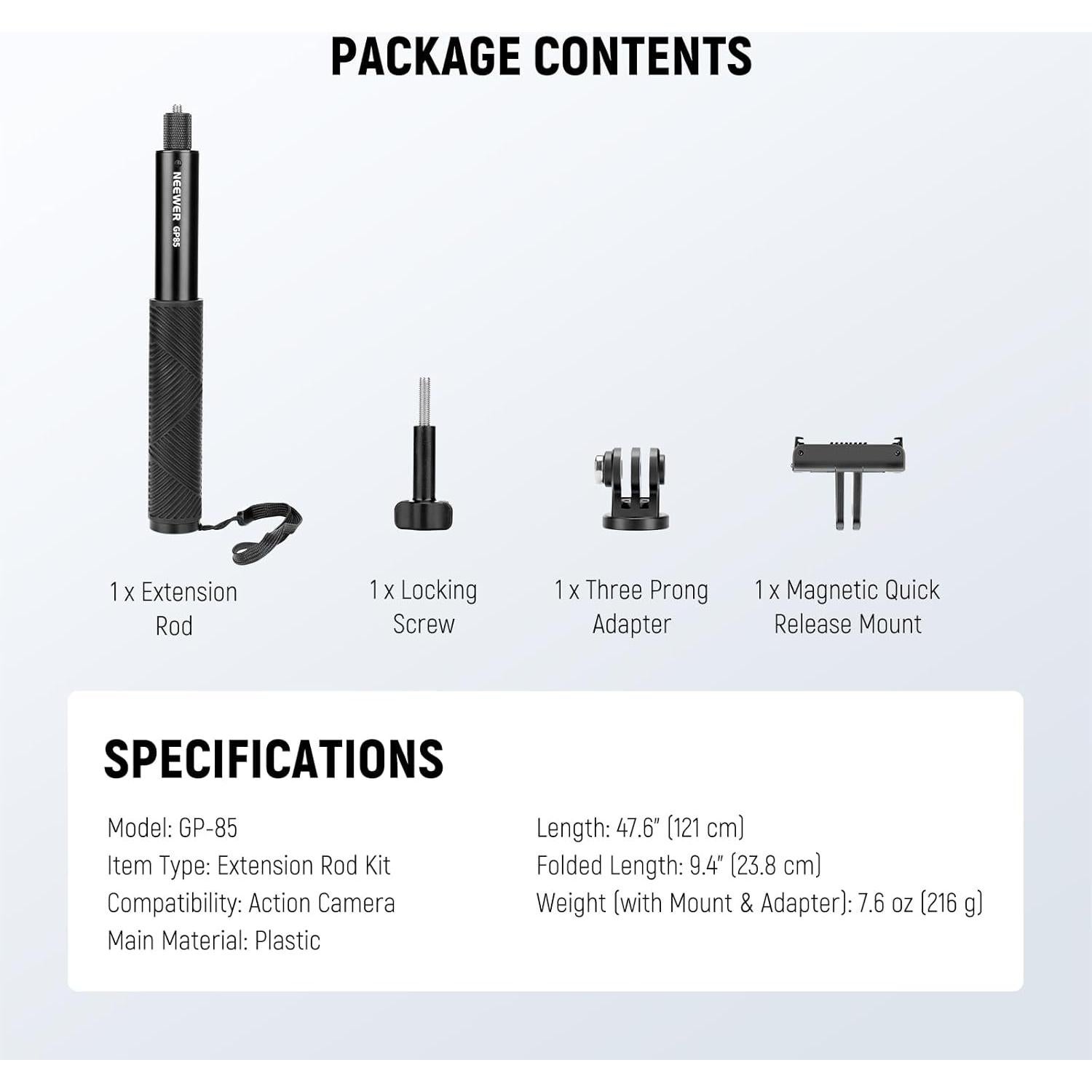 Vara de Extensión NEEWER GP-85 para Cámara de Acción 121 cm