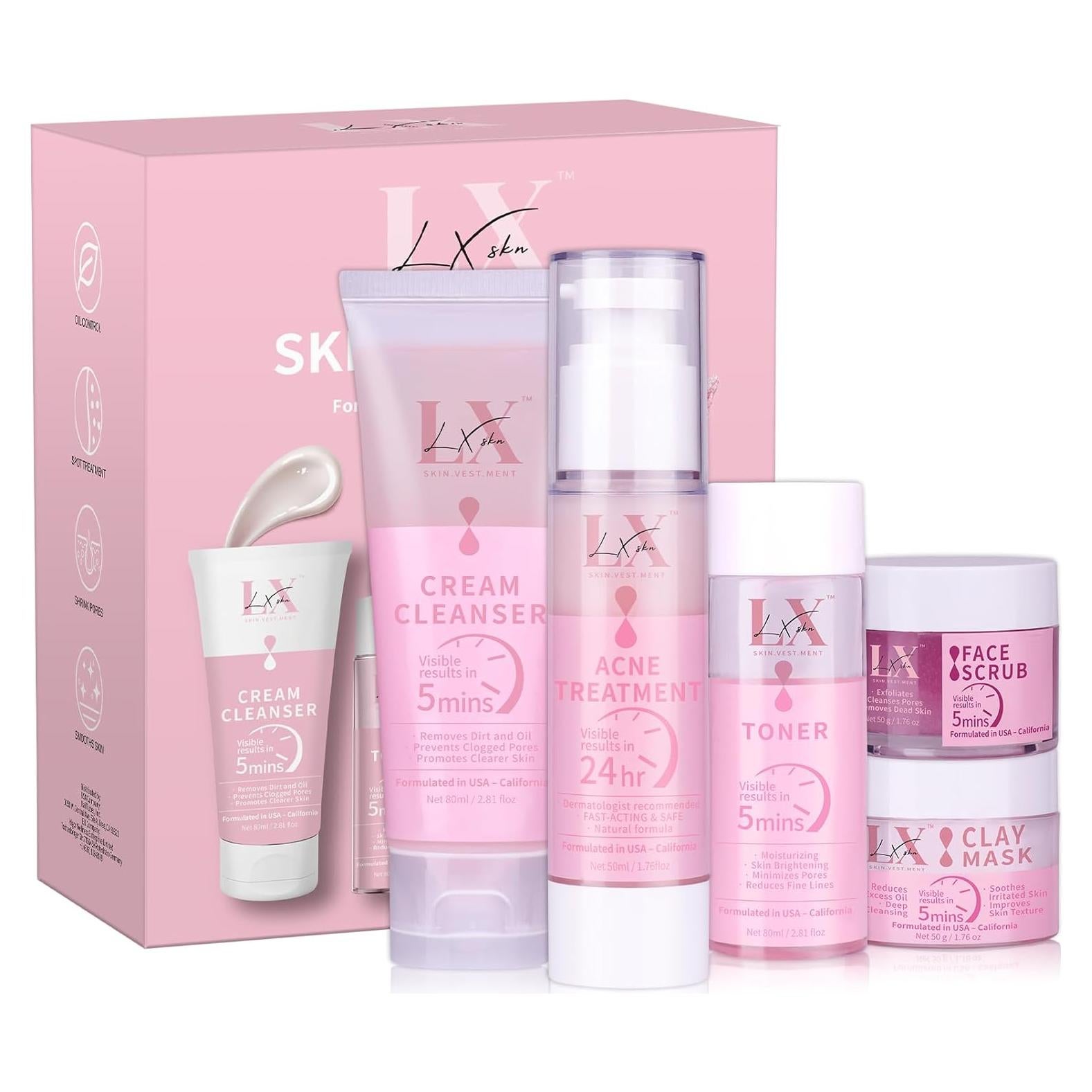 Kit de Cuidado Facial LXSKN 5 Pasos para Acné - Hidratante y Exfoliante
