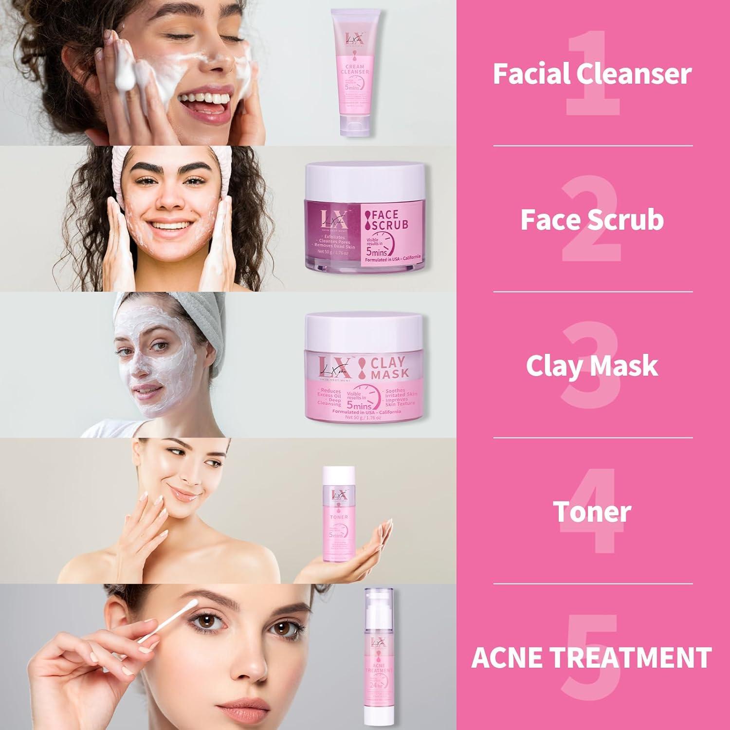 Kit de Cuidado Facial LXSKN 5 Pasos para Acné - Hidratante y Exfoliante