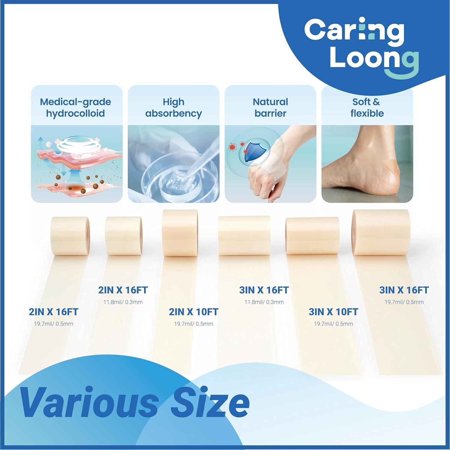 Rollo de Hidrocoloide Médico CaringLoong 5.08cm x 3.66m Estéril
