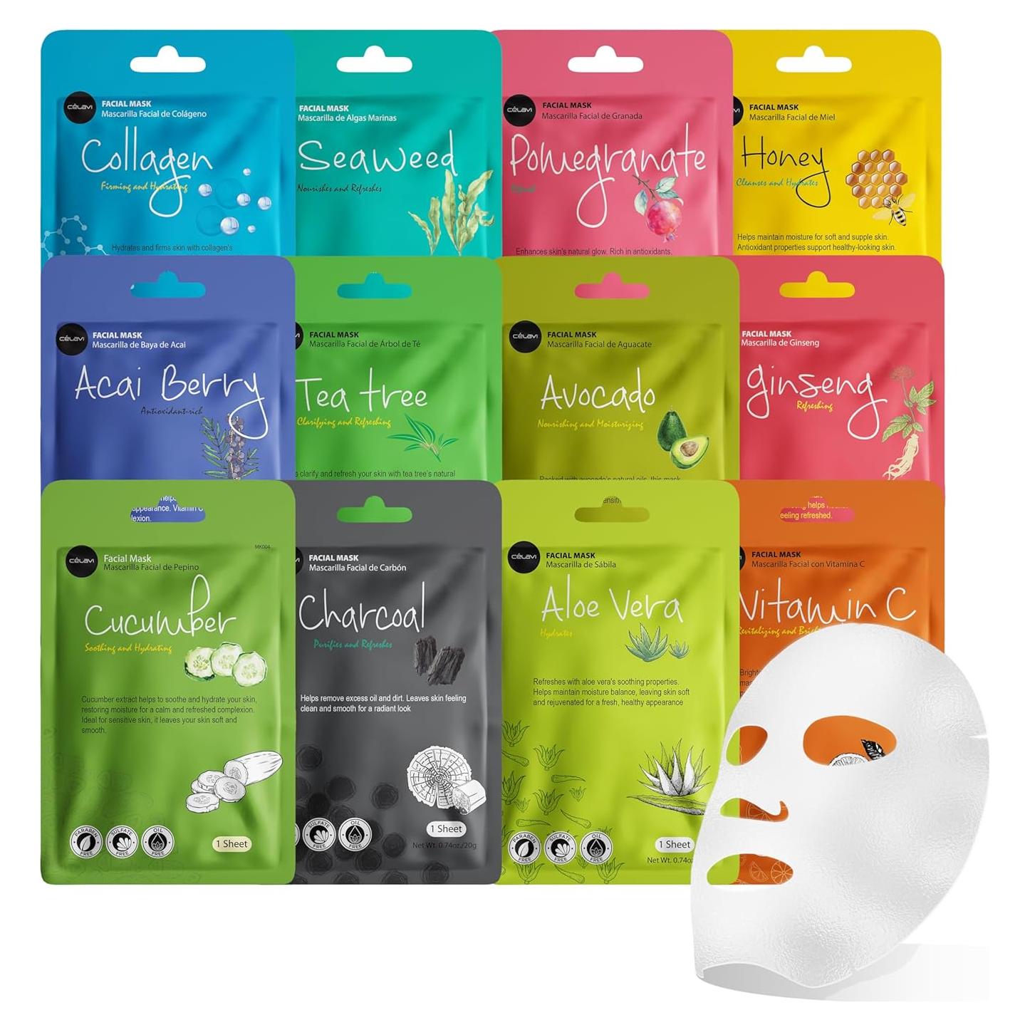 Conjunto de 12 Mascarillas Faciales Celavi Coreanas Hidratantes