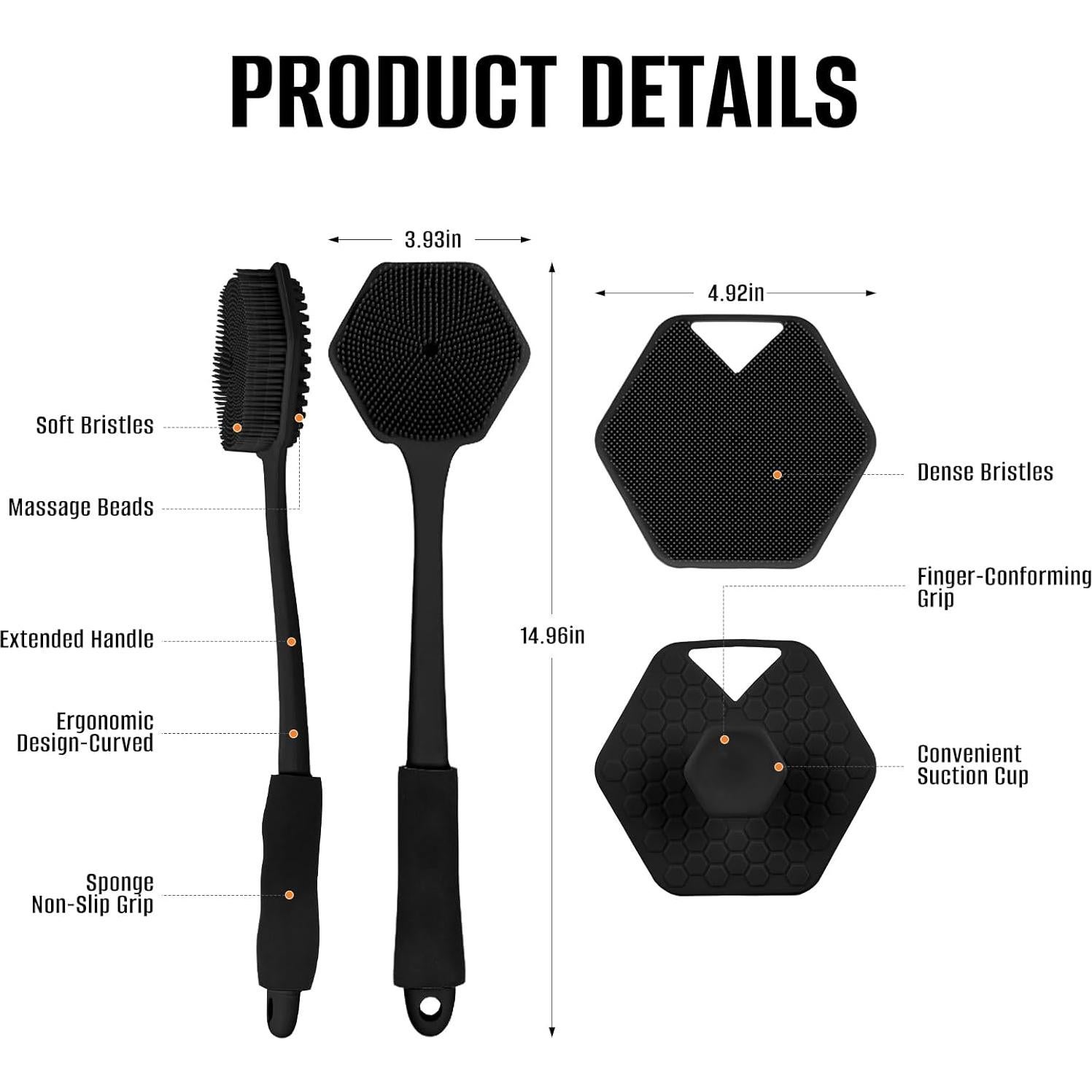 Cepillo de Ducha Jedroc con Mango Largo y Cerdas de Silicona - 2 Pack