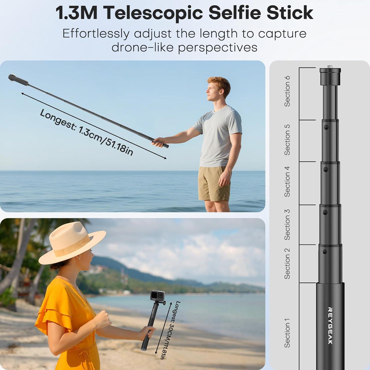 Palo de Selfie Extensible REYGEAK 130 cm para GoPro e Insta360