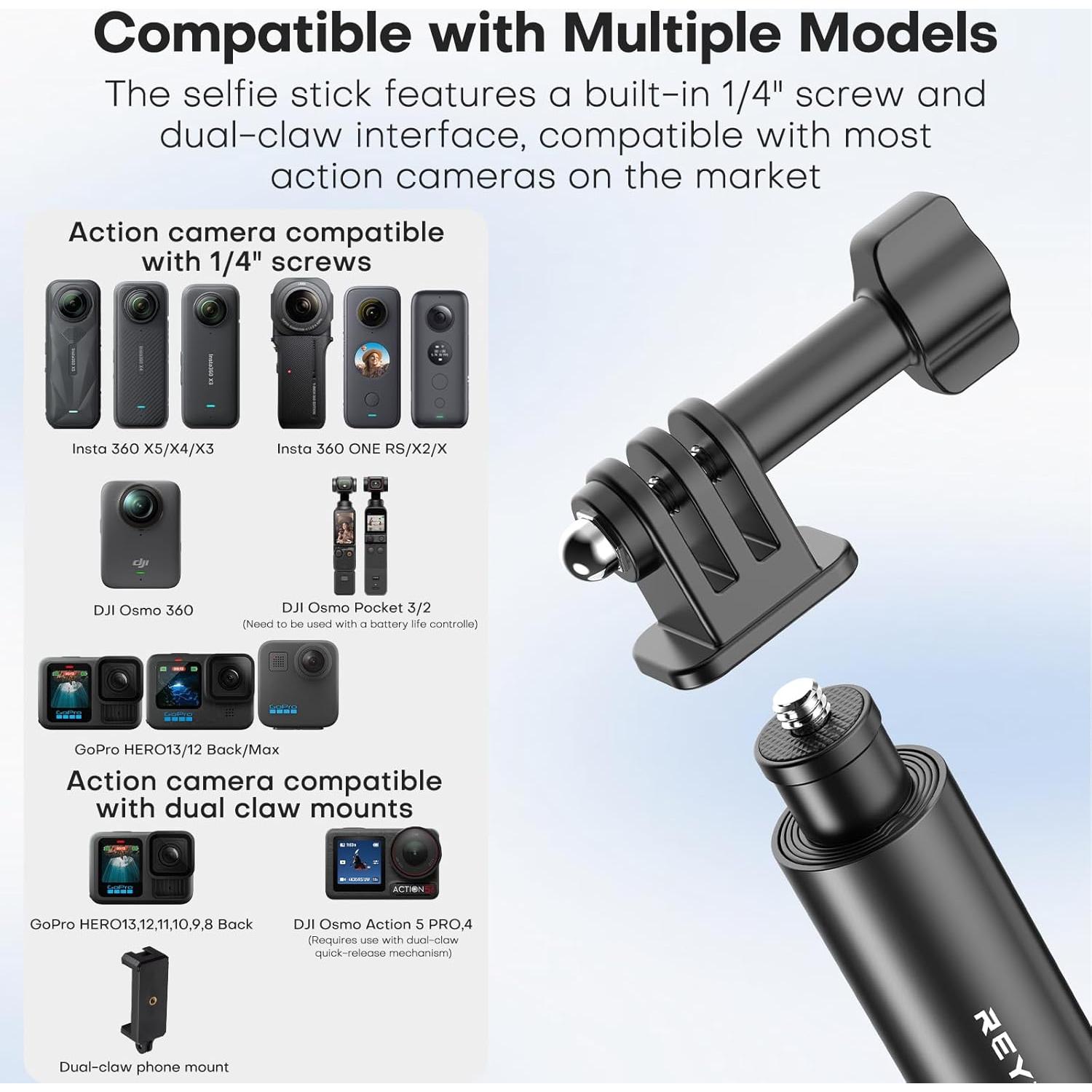 Palo de Selfie Extensible REYGEAK 130 cm para GoPro e Insta360