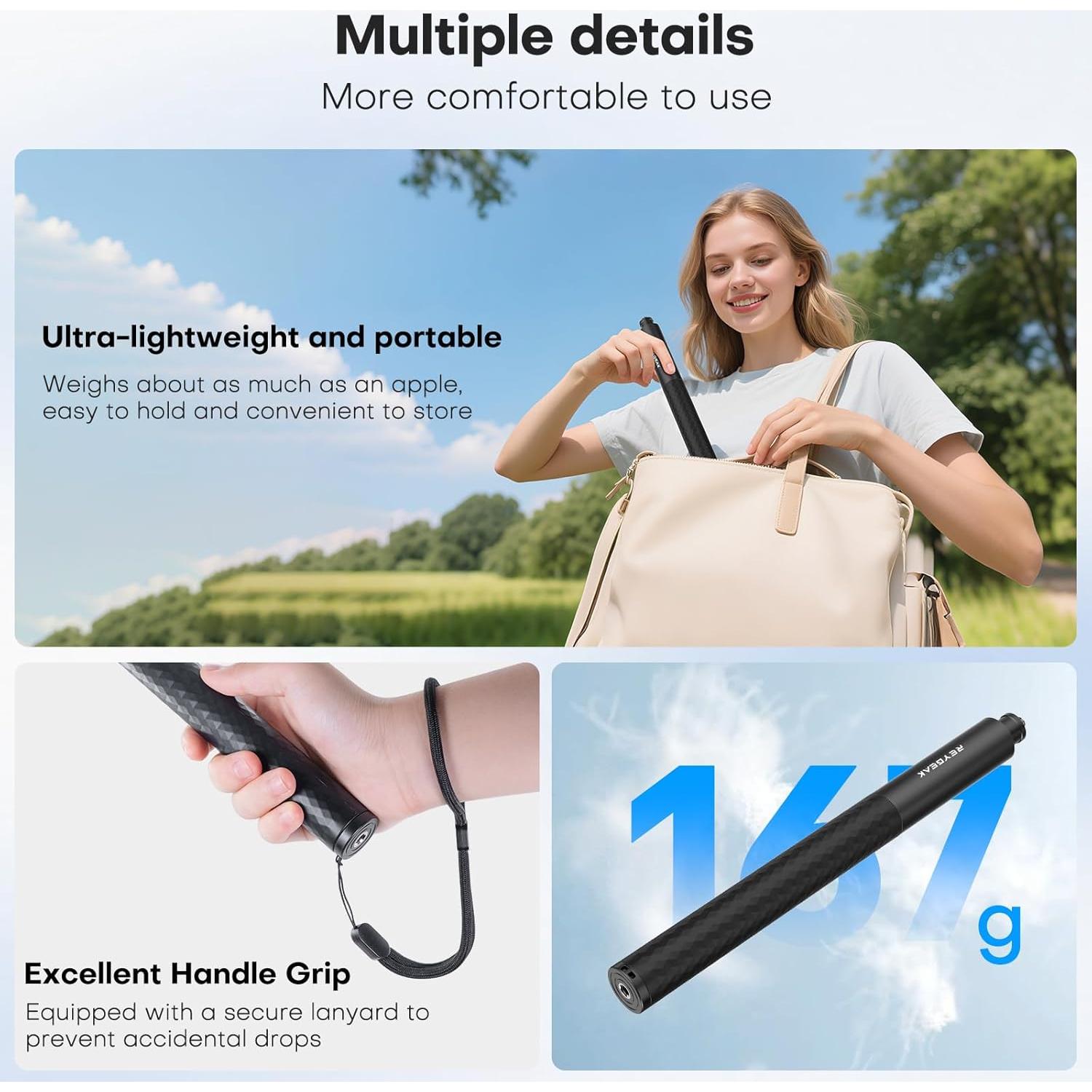 Palo de Selfie Extensible REYGEAK 130 cm para GoPro e Insta360