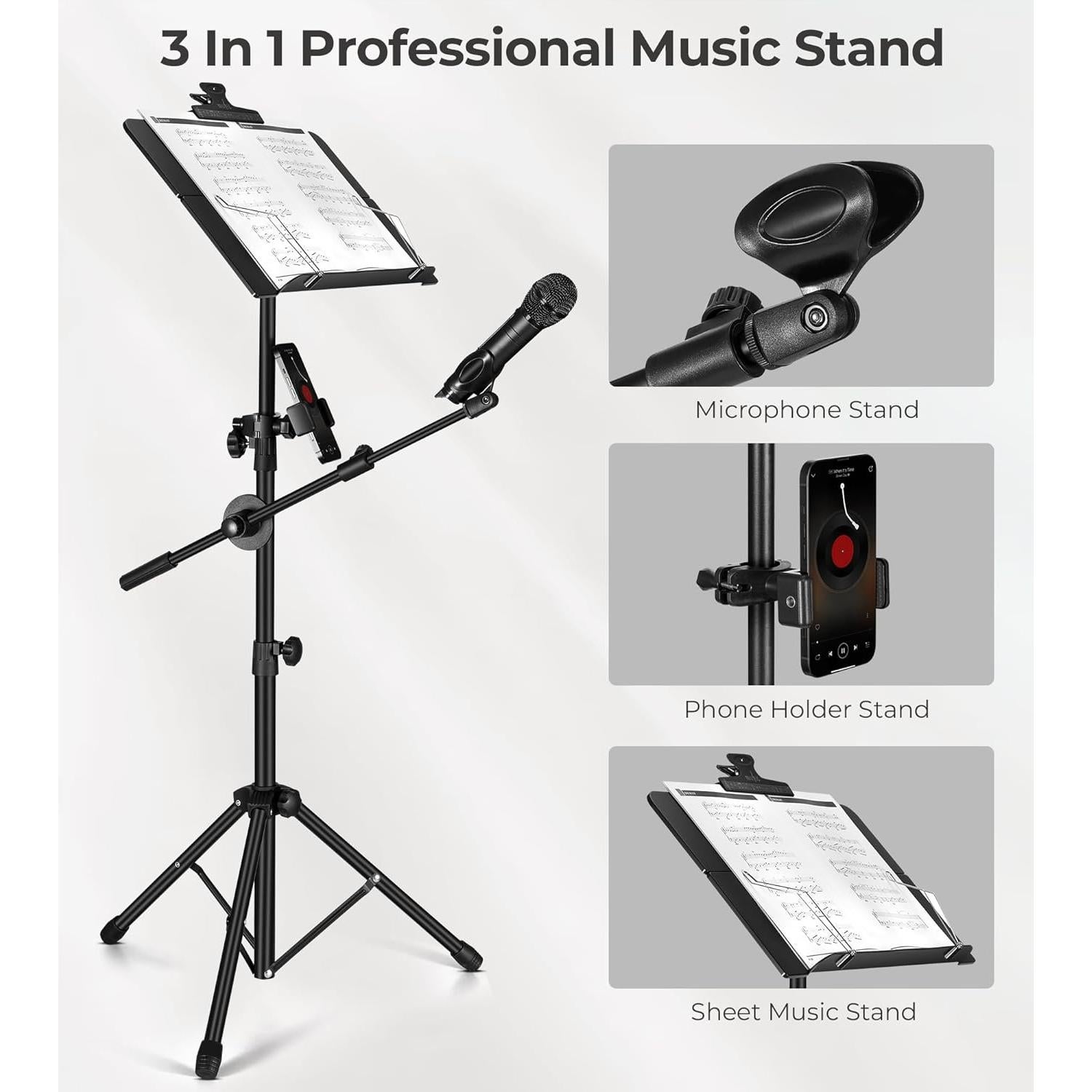 Atril de Música Plegable Vangoa con Soporte de Micrófono y Teléfono