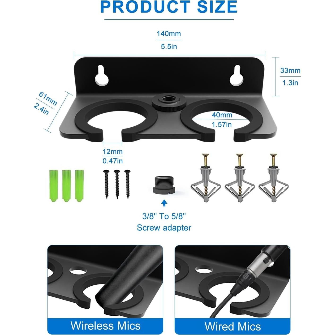 Multi Microphone Holder for Handheld Dynamic, Wired and Wireless Mics Storage Hanger, Double Microphone Stand,Rubber Padding/Wall Mounted or Mounted to 5/8"-27 or 3/8"-16 threaded Stands Attachment