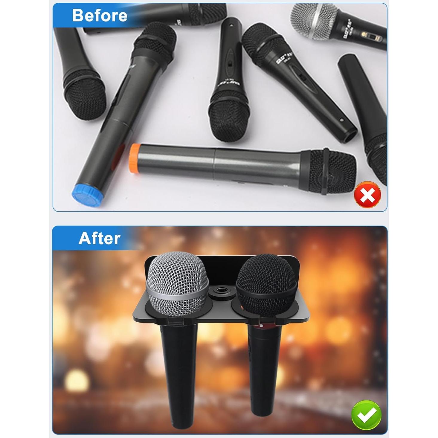 Multi Microphone Holder for Handheld Dynamic, Wired and Wireless Mics Storage Hanger, Double Microphone Stand,Rubber Padding/Wall Mounted or Mounted to 5/8"-27 or 3/8"-16 threaded Stands Attachment