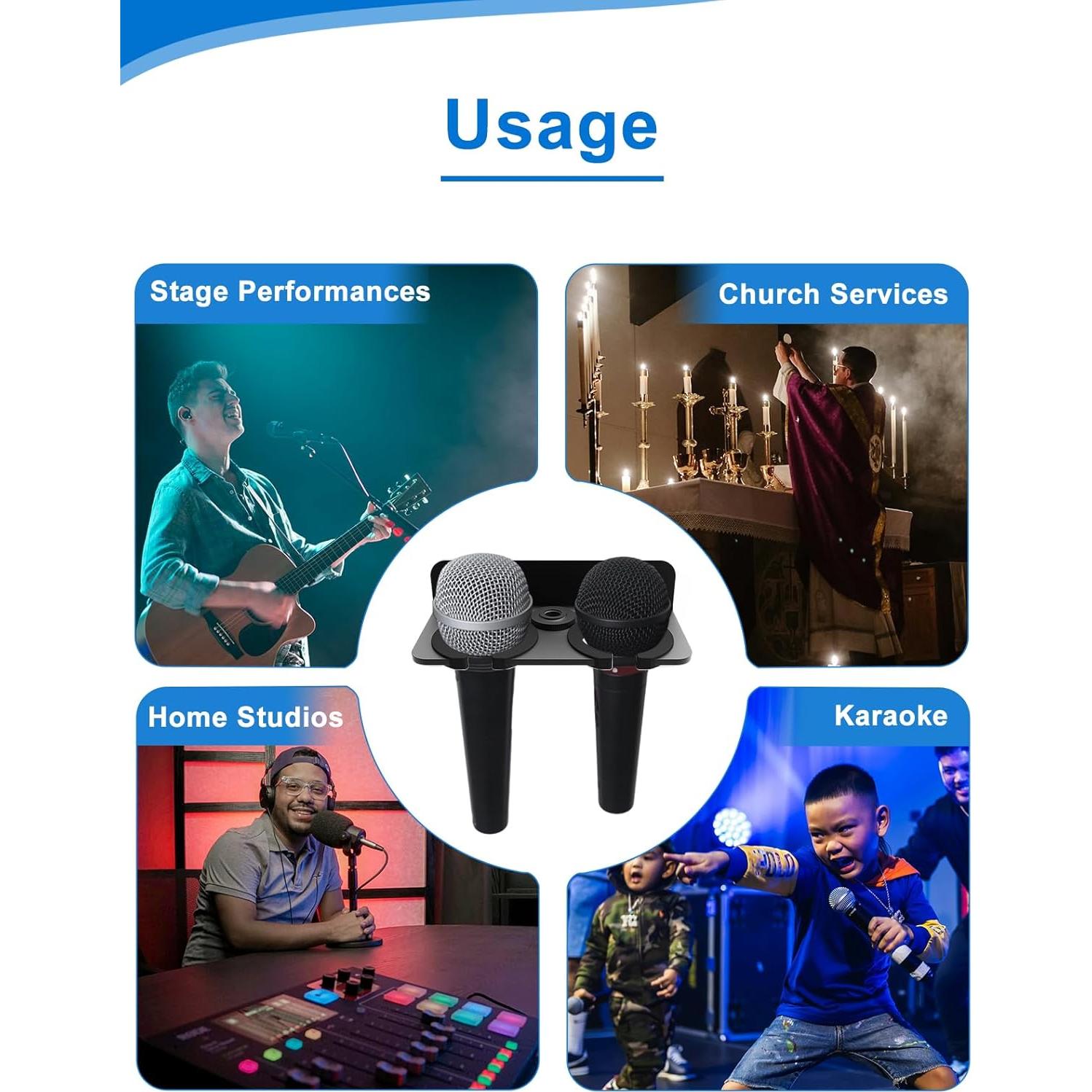 Multi Microphone Holder for Handheld Dynamic, Wired and Wireless Mics Storage Hanger, Double Microphone Stand,Rubber Padding/Wall Mounted or Mounted to 5/8"-27 or 3/8"-16 threaded Stands Attachment
