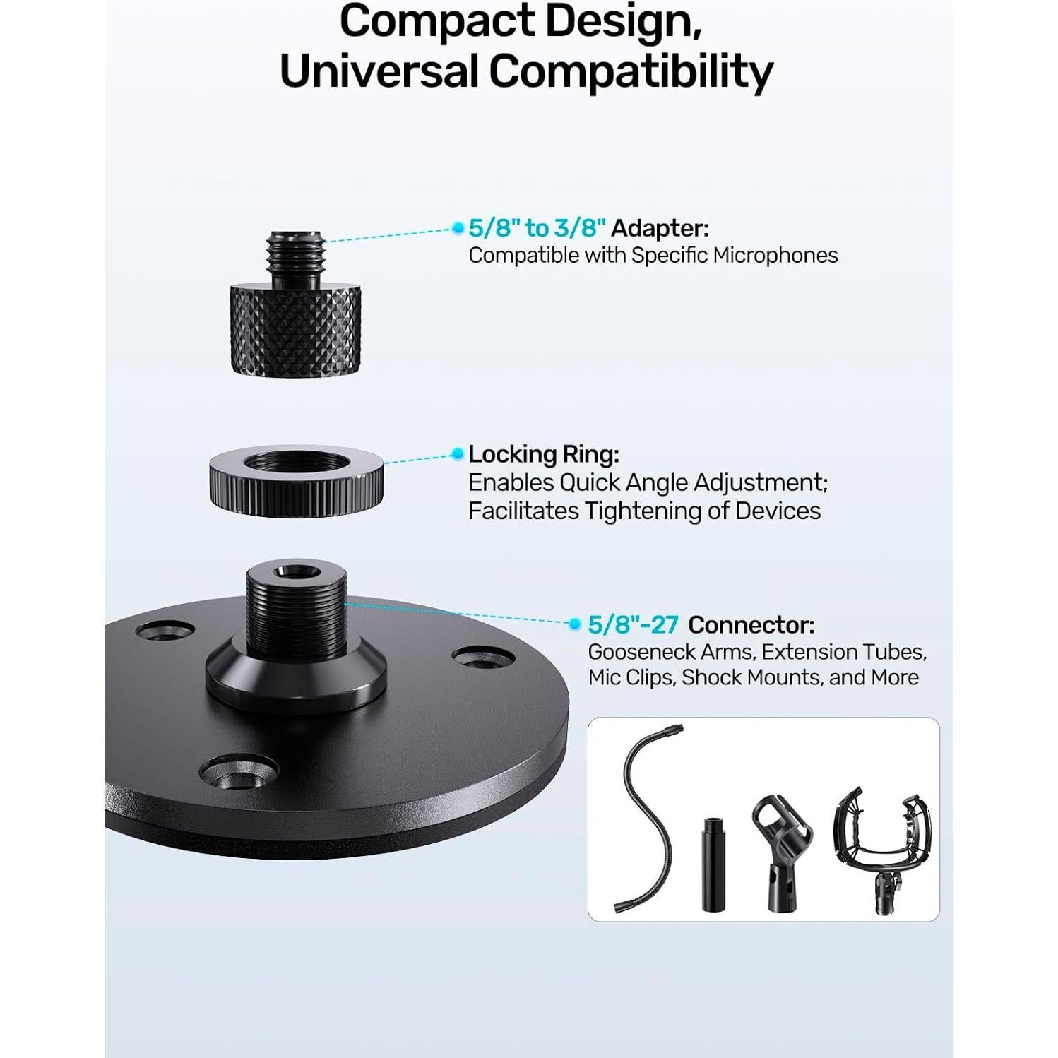 Soporte de Micrófono de Brida con Adaptador 5/8" a 3/8" - Metal