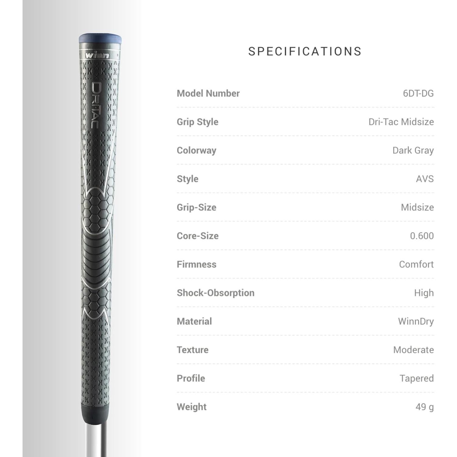 Empuñadura de Golf Winn Dri-Tac Midsize Gris Oscuro 50g