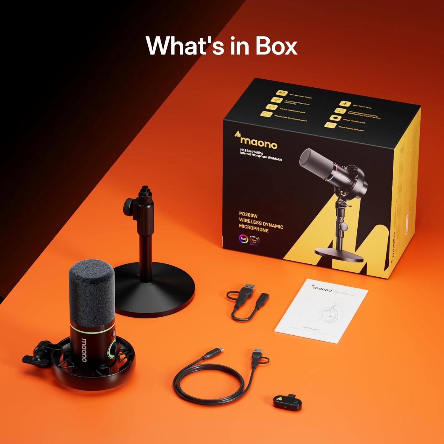 Micrófono Inalámbrico MAONO PD200W Dinámico USB/XLR con Soporte