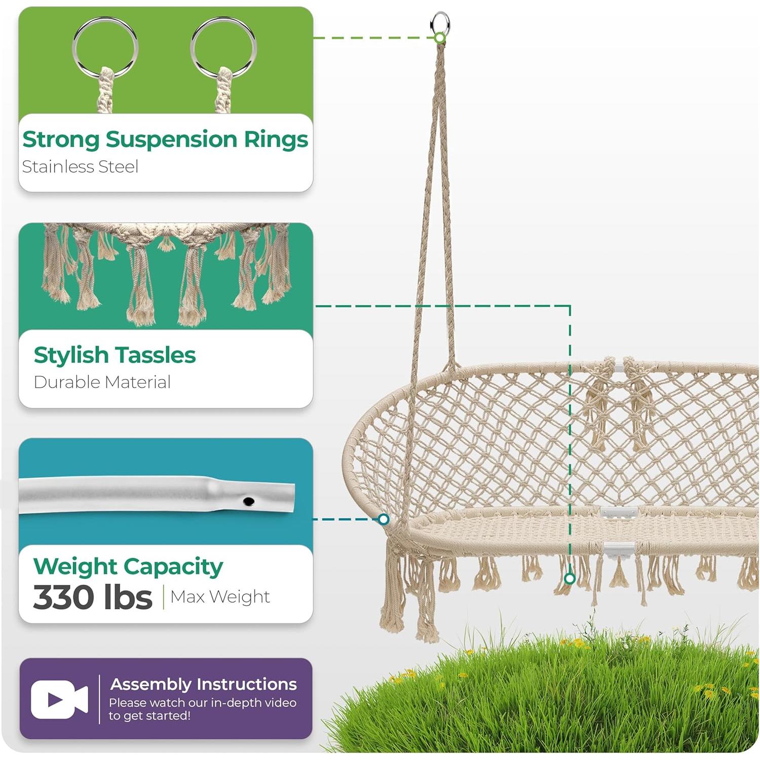 Silla Hamaca Sorbus Macramé Doble 204 kg 138x51 cm
