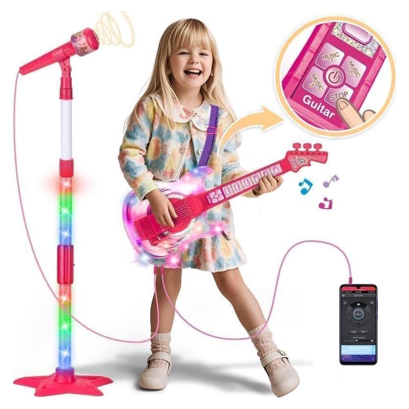 Juego de guitarra y micrófono MOEAWS para niños Rosa