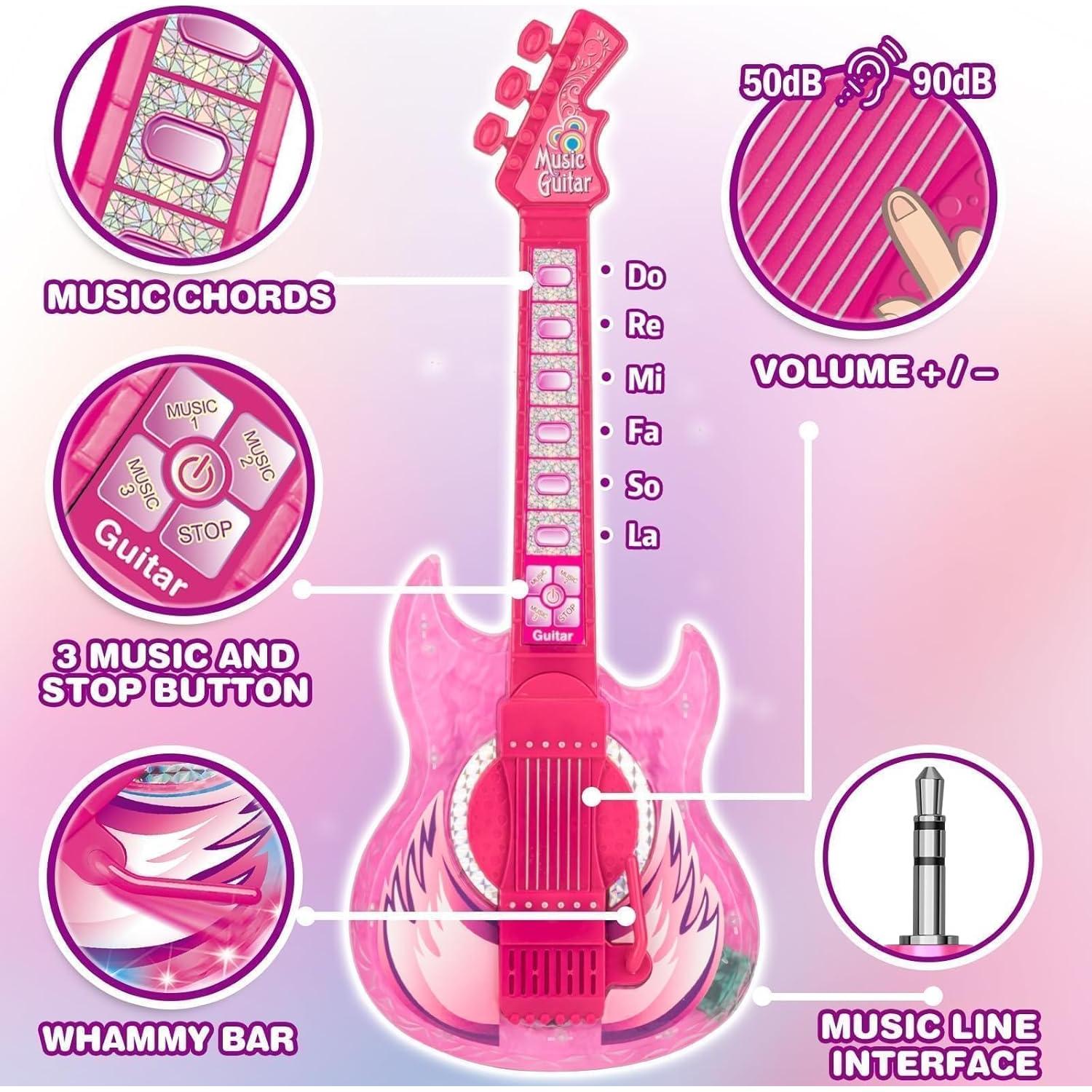 Juego de guitarra y micrófono MOEAWS para niños Rosa