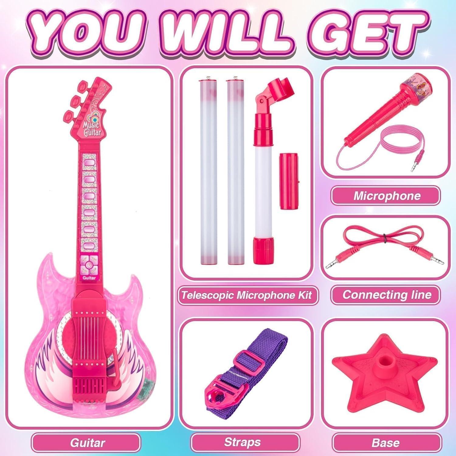 Juego de guitarra y micrófono MOEAWS para niños Rosa