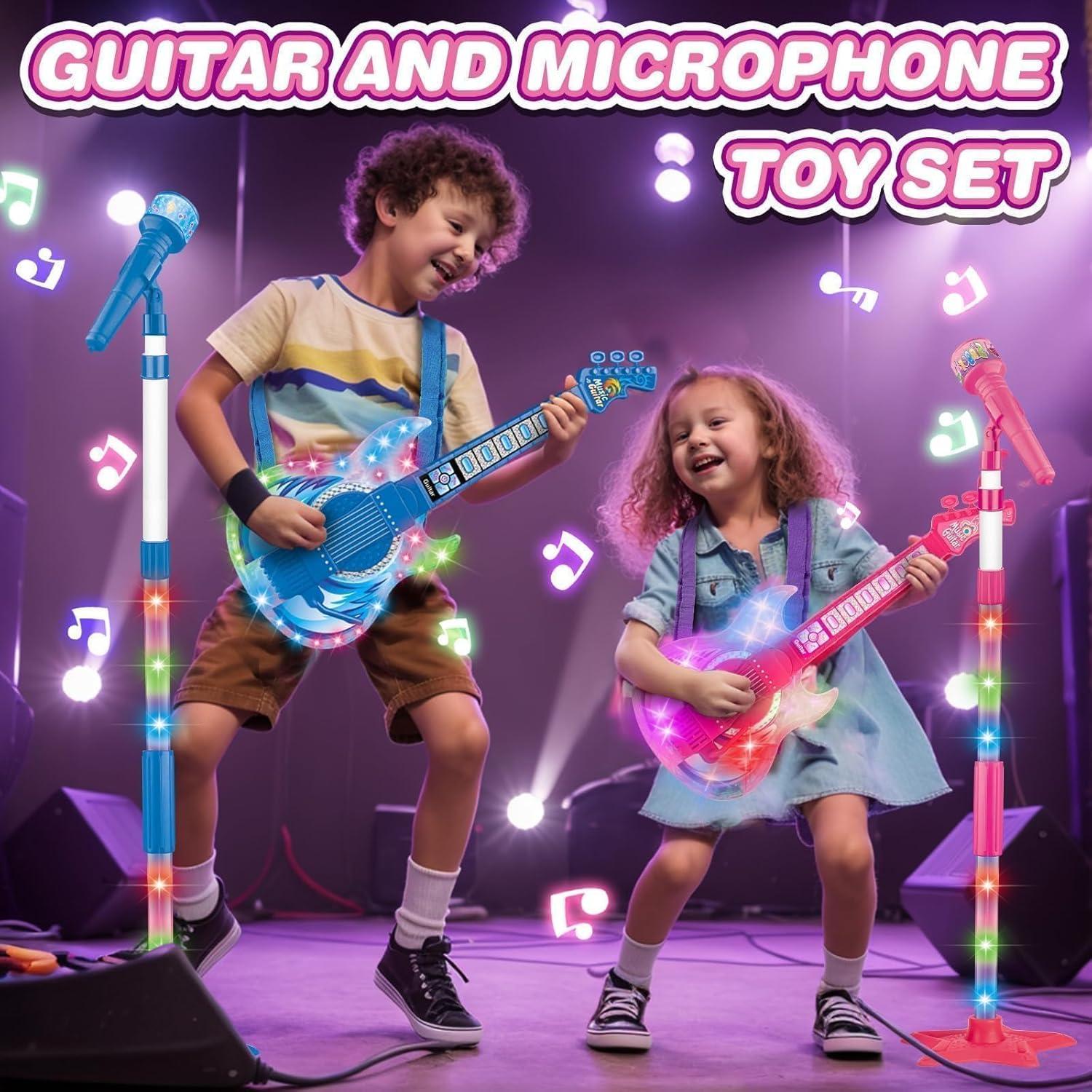 Juego de guitarra y micrófono MOEAWS para niños Rosa