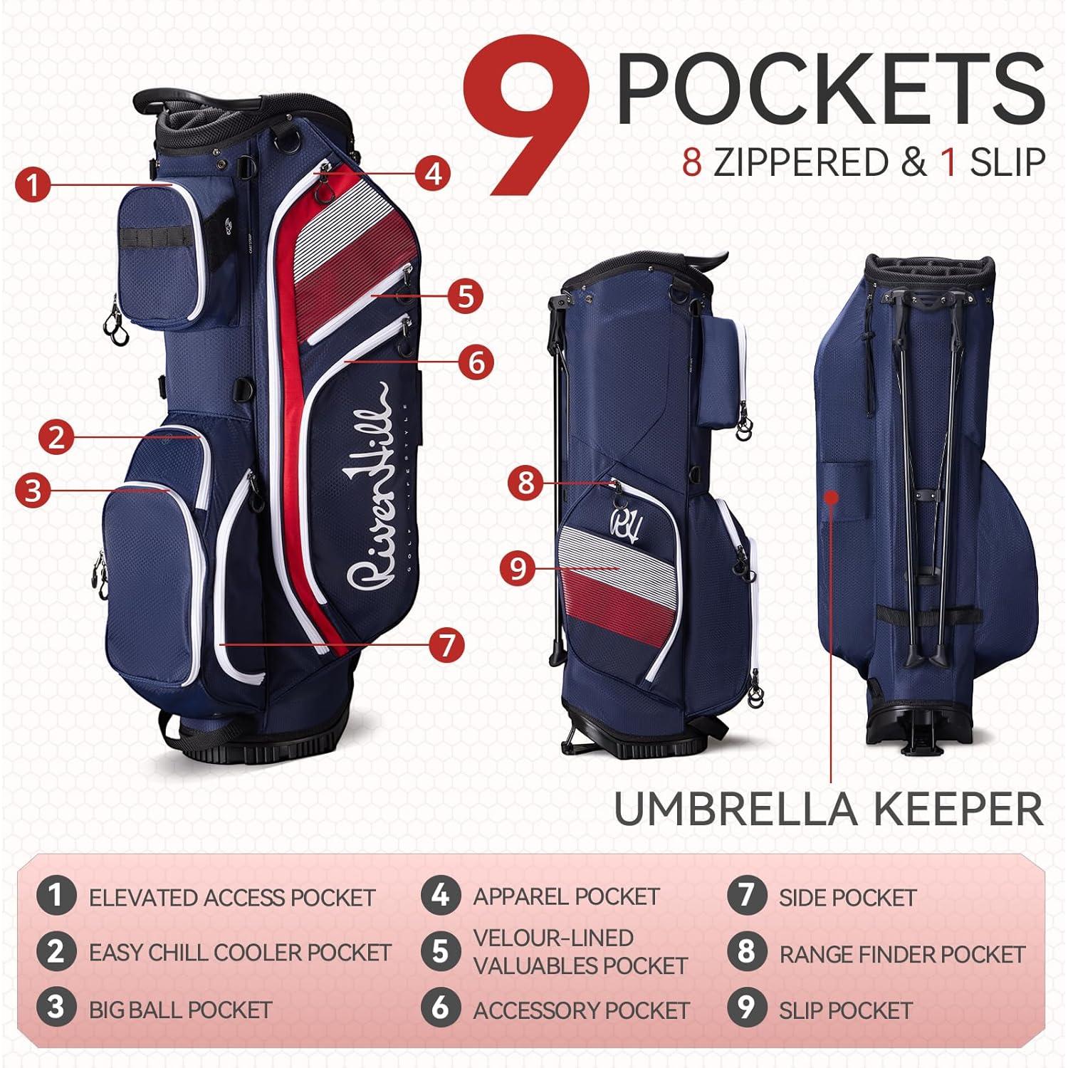 Bolsa de Golf River Hill de 14 Vías con 9 Bolsillos y Correas Acolchadas
