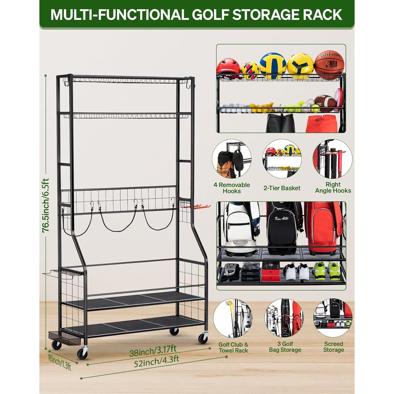 Organizador de Almacenamiento para 3 Bolsas de Golf FHXZH con Ruedas