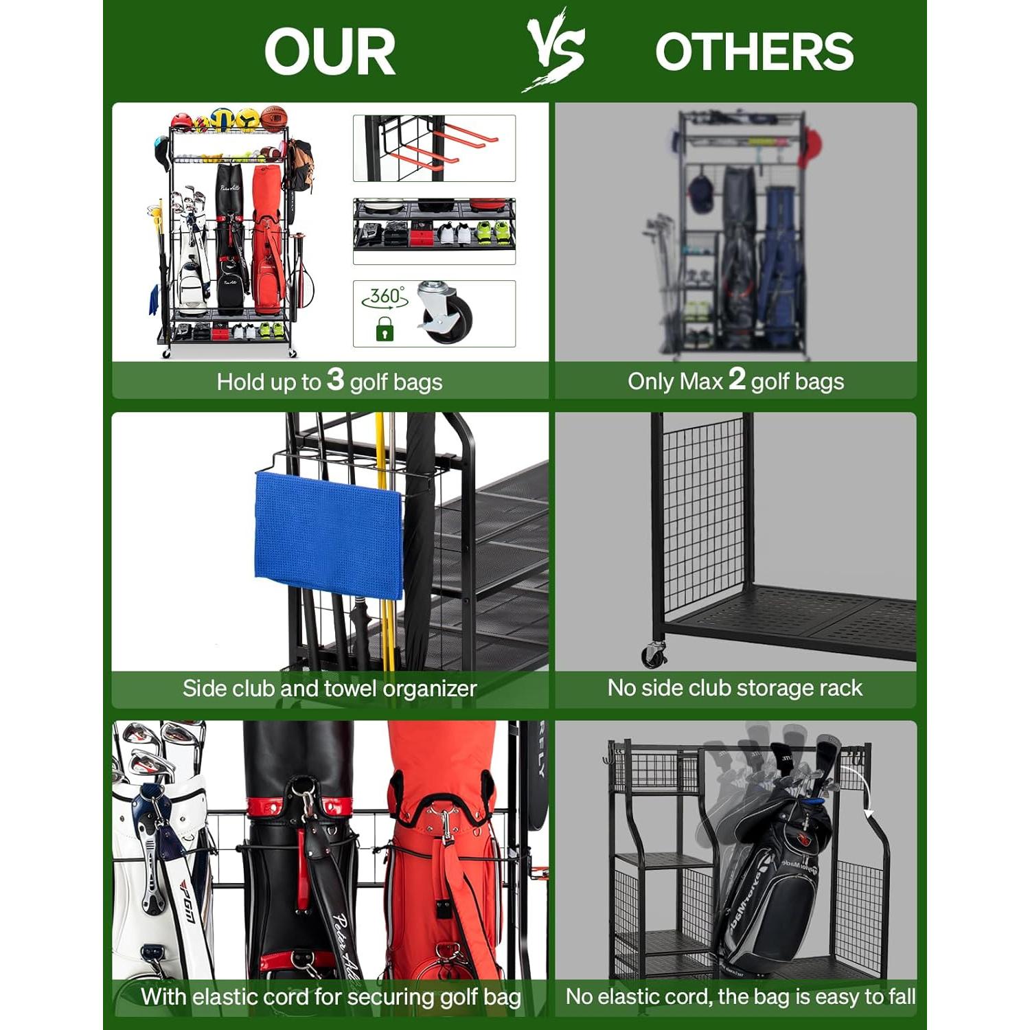 Organizador de Almacenamiento para 3 Bolsas de Golf FHXZH con Ruedas