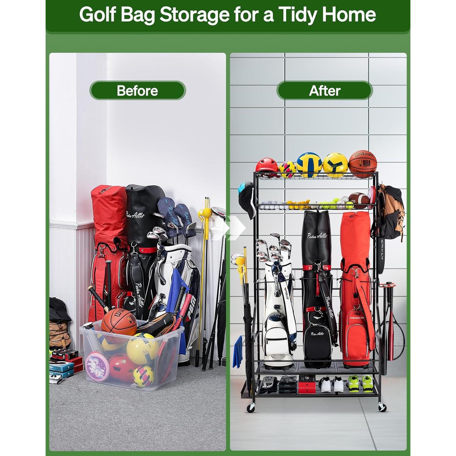 Organizador de Almacenamiento para 3 Bolsas de Golf FHXZH con Ruedas