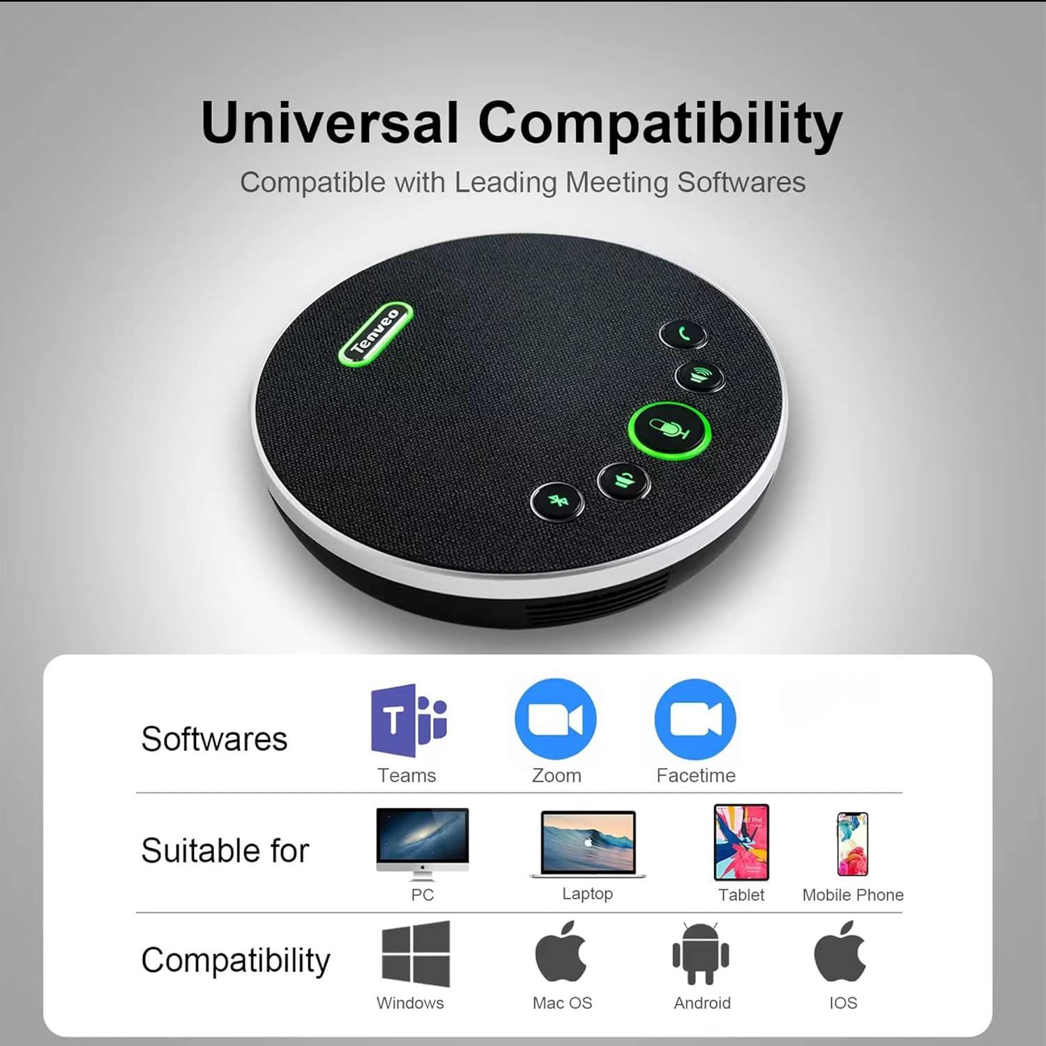 Tenveo Conference Speaker with Microphone, Bluetooth/Wireless/USB omnidirectional Speakerphone Noise Cancelling Conference Call 360° Pickup for Zoom MicroTeams OBS for 10~12 People Online Meeting