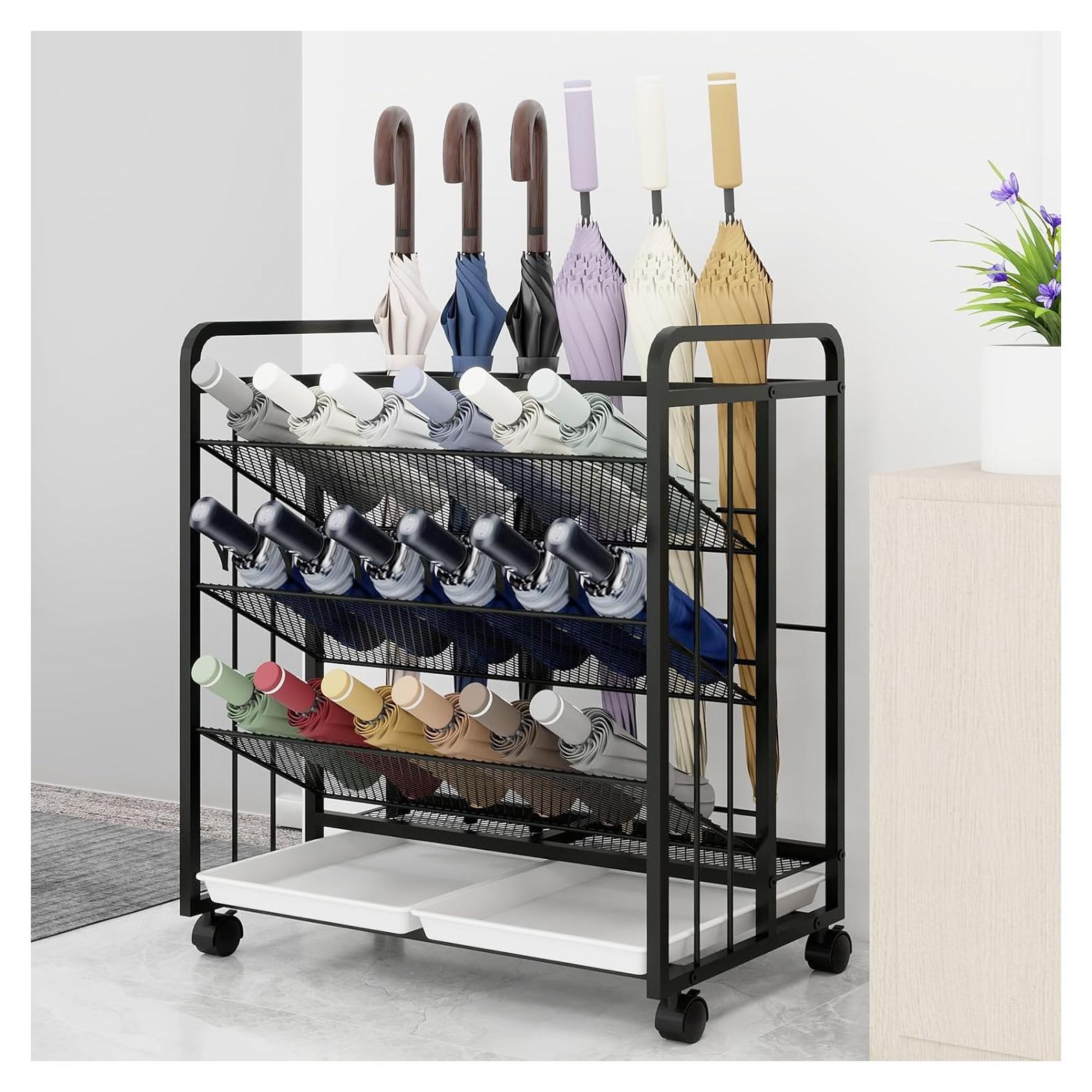 Soporte para Paraguas Natwind Negro con Ruedas y Bandeja de Goteo