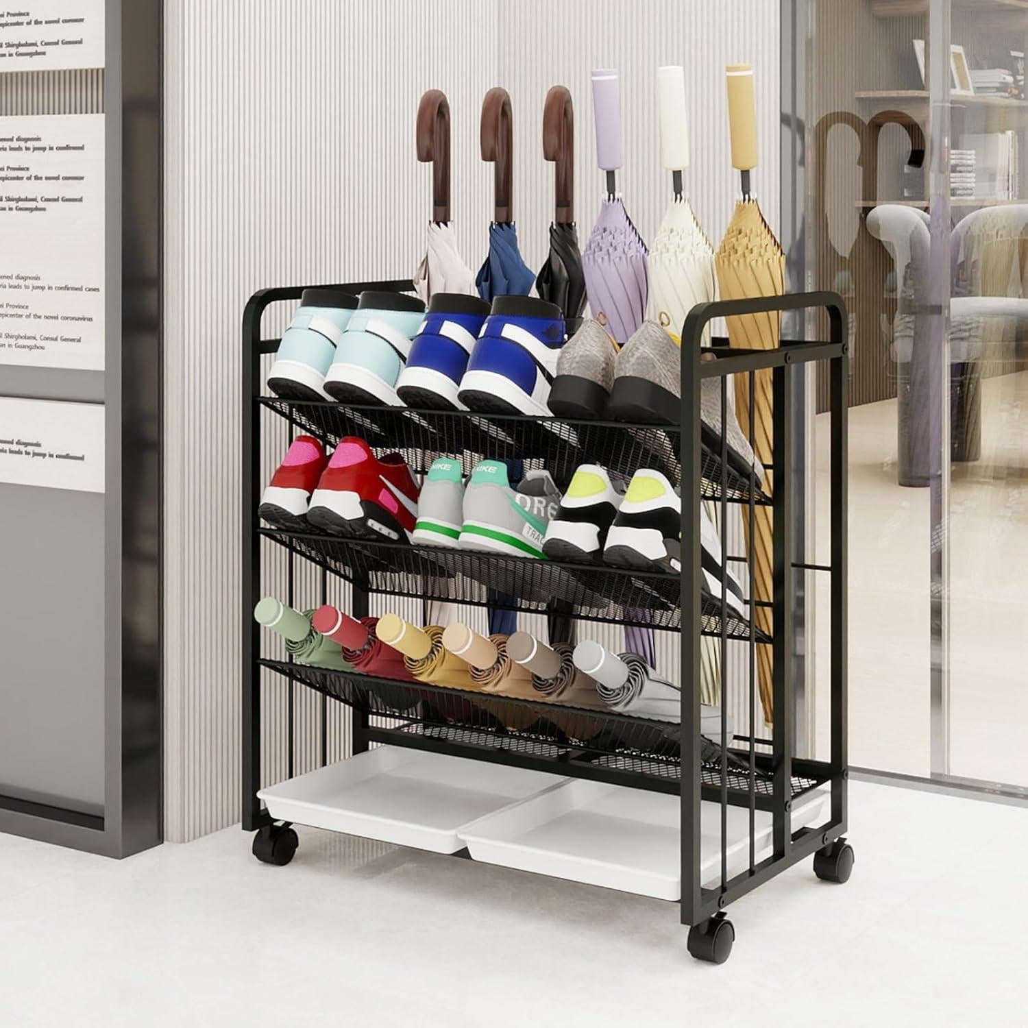 Soporte para Paraguas Natwind Negro con Ruedas y Bandeja de Goteo