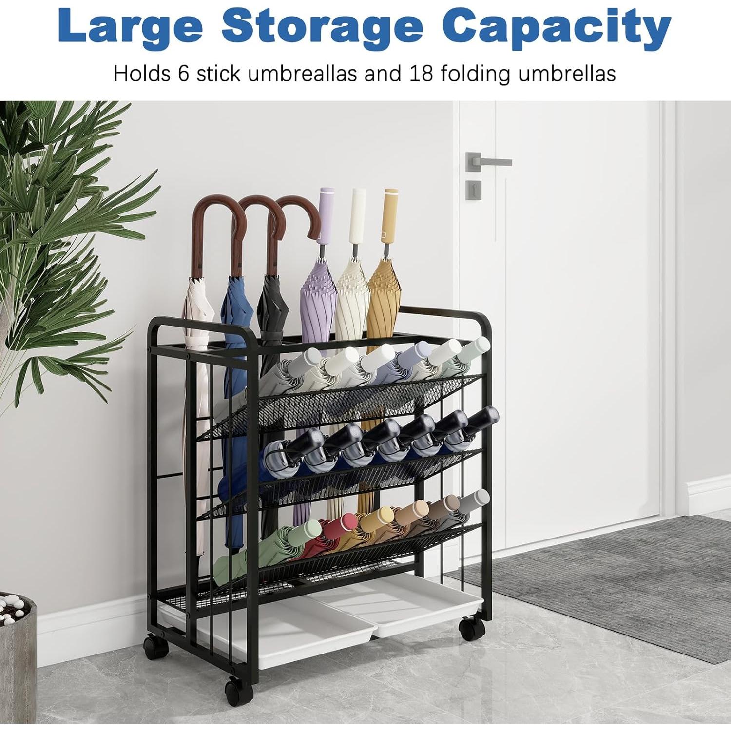 Soporte para Paraguas Natwind Negro con Ruedas y Bandeja de Goteo