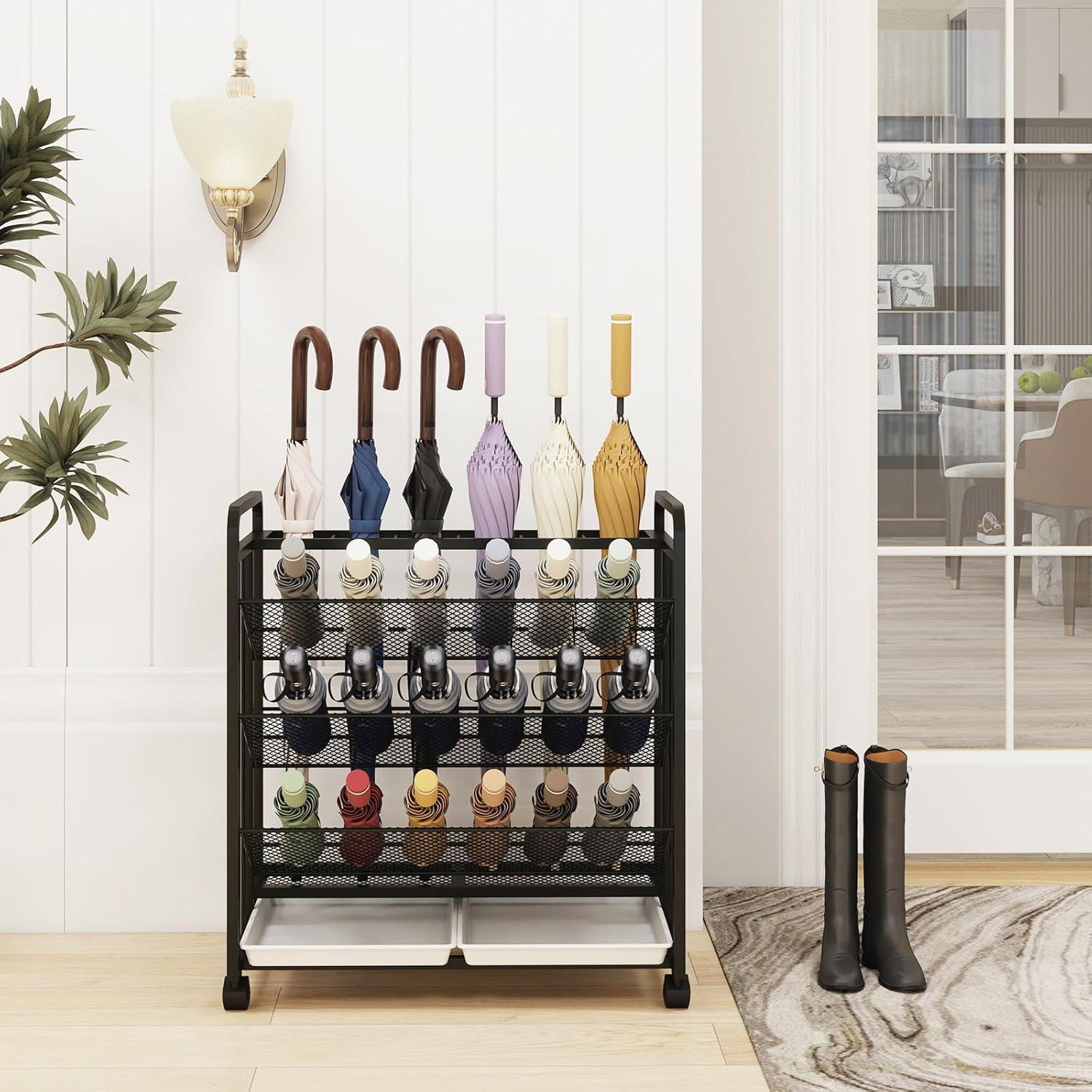 Soporte para Paraguas Natwind Negro con Ruedas y Bandeja de Goteo